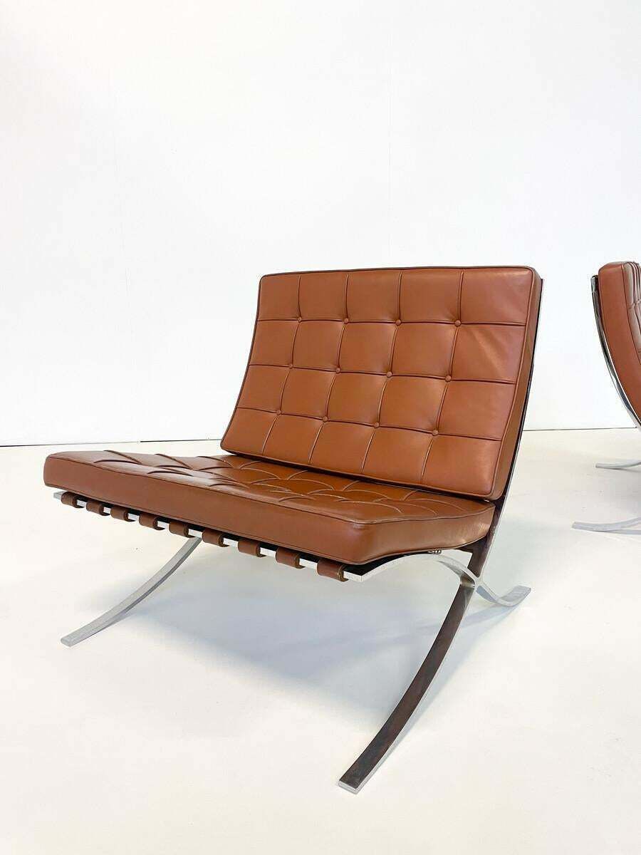 Pair Of Brown Leather Barcelona Chairs By Mies Van Der Rohe For Knoll photo vinterior