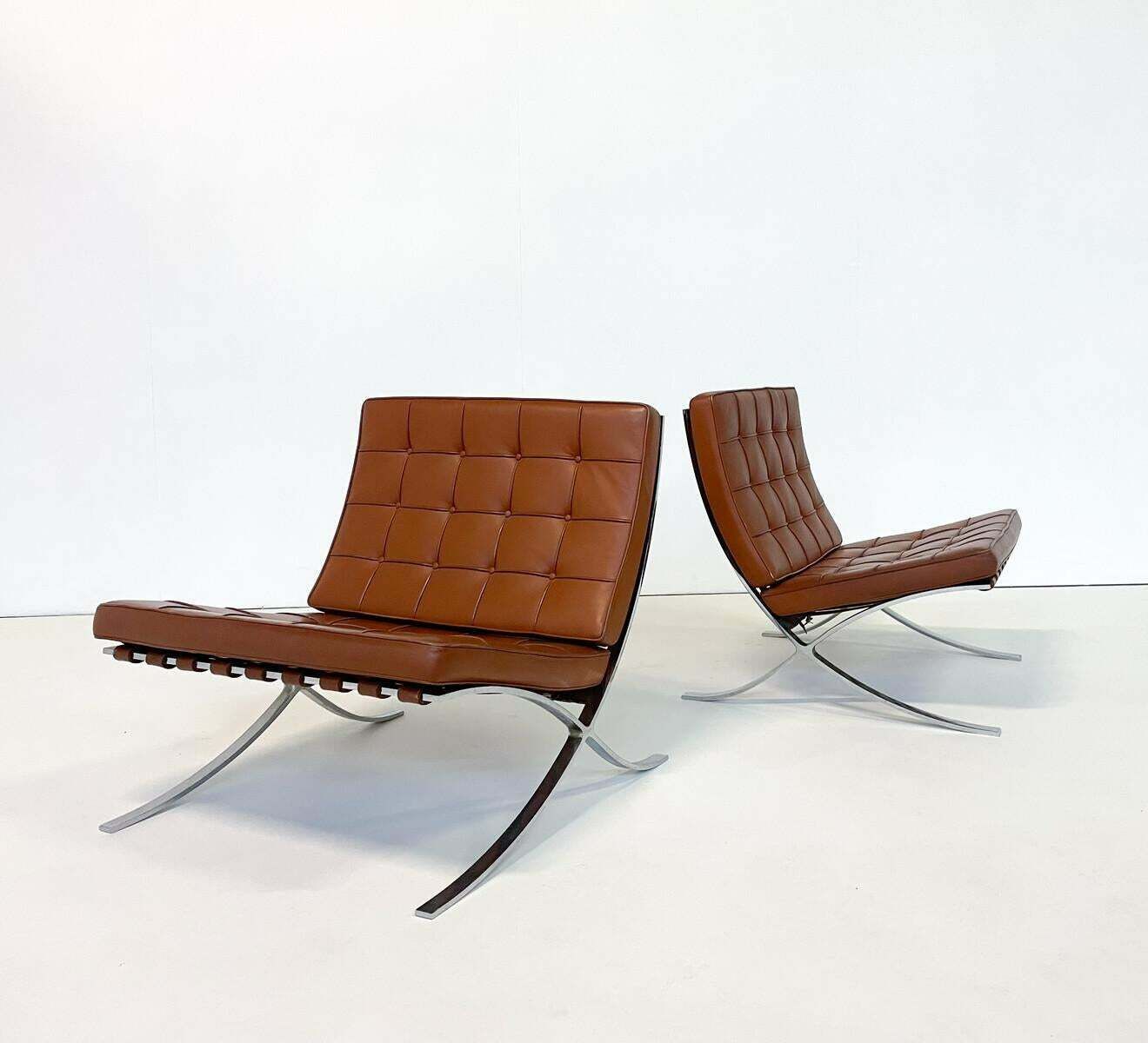 Pair Of Brown Leather Barcelona Chairs By Mies Van Der Rohe For Knoll photo vintage