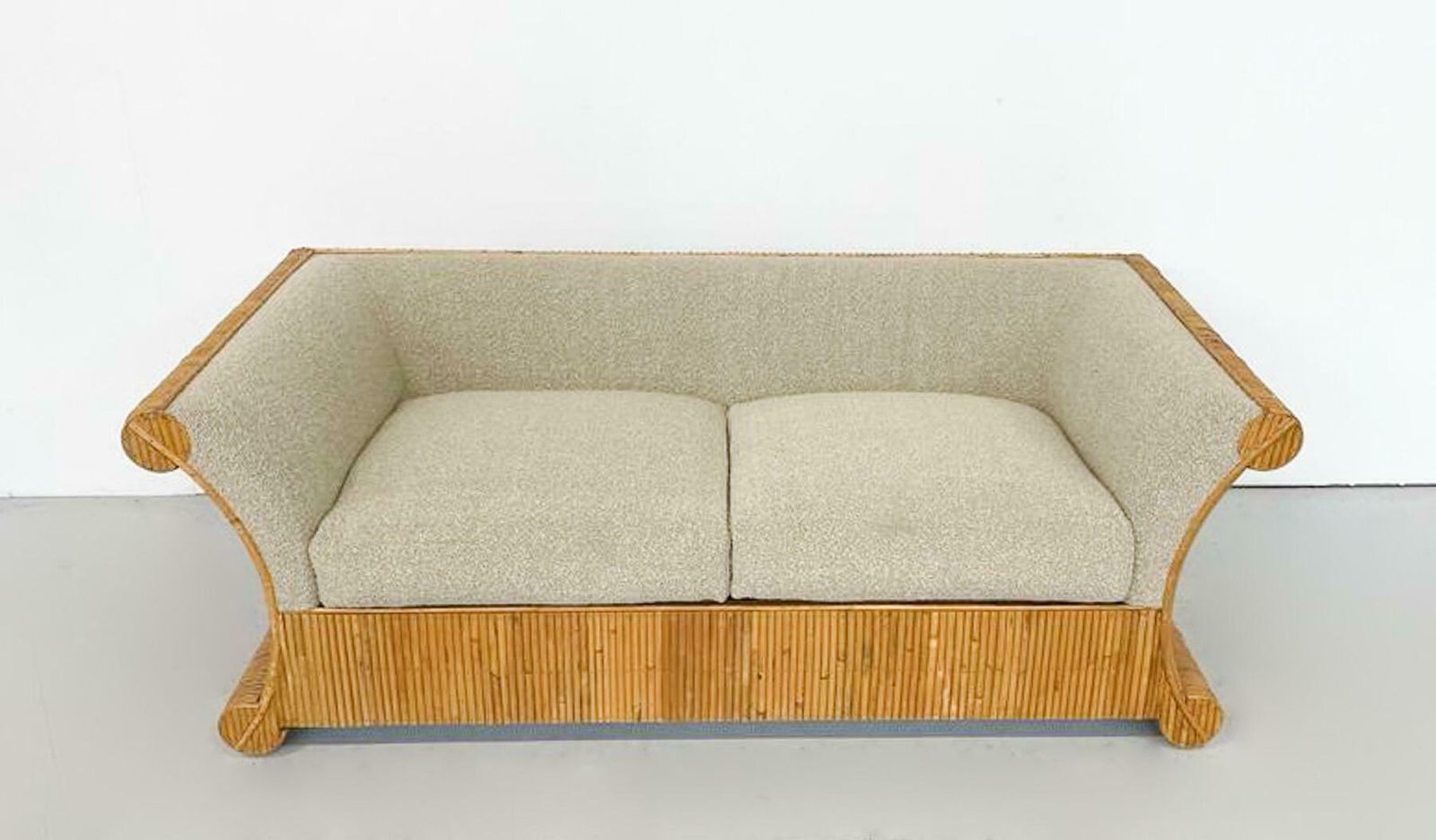 Mid Century Modern Rattan Two Seater, Beige Boucle Fabric, Italy, 1960s photo furniture