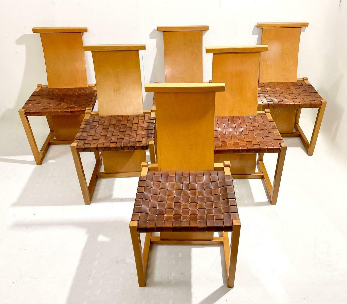 Mid Century Modern Set Of 6 Wood And Leather Chairs, Italy, 1950s photo vintage