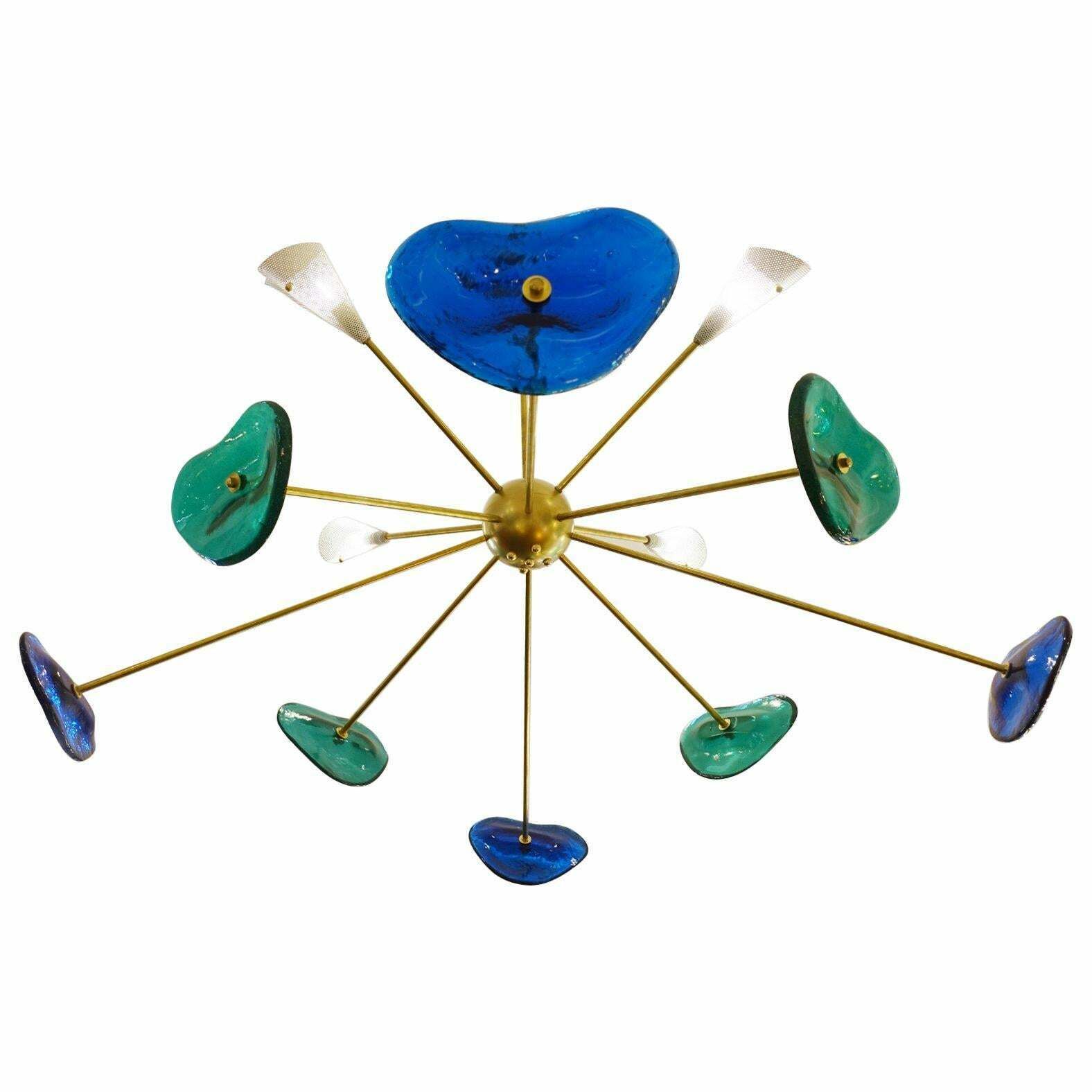 Glass And Brass Sputnik Chandelier, Belgian Creation Signed "Jn"