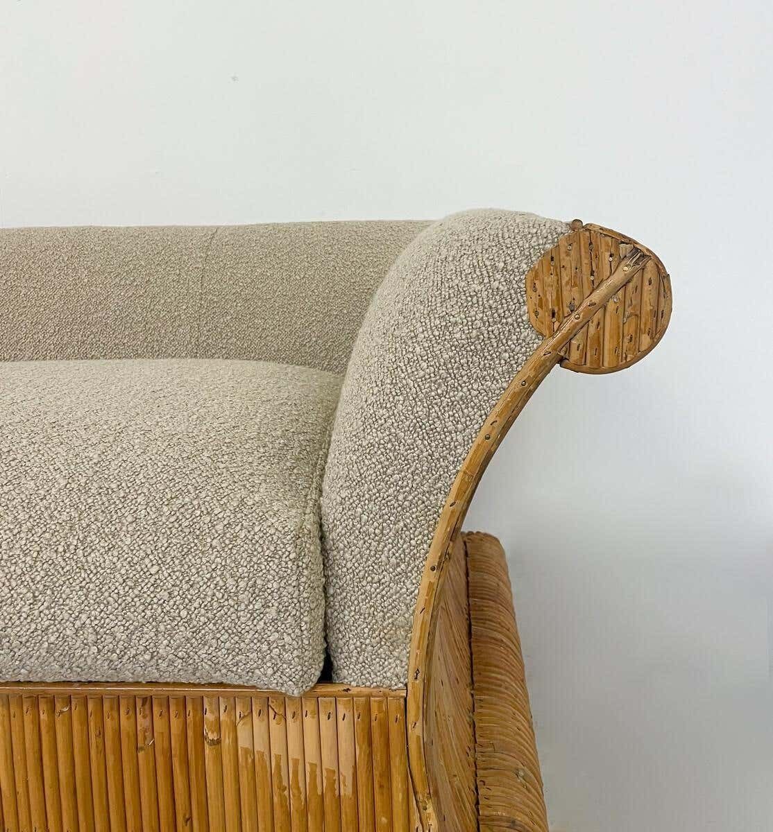 Mid Century Modern Rattan Three Seater, Beige Boucle Fabric, Italy, 1960s photo for sale