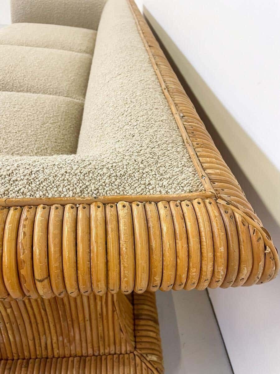 Mid Century Modern Rattan Three Seater, Beige Boucle Fabric, Italy, 1960s photo vinterior