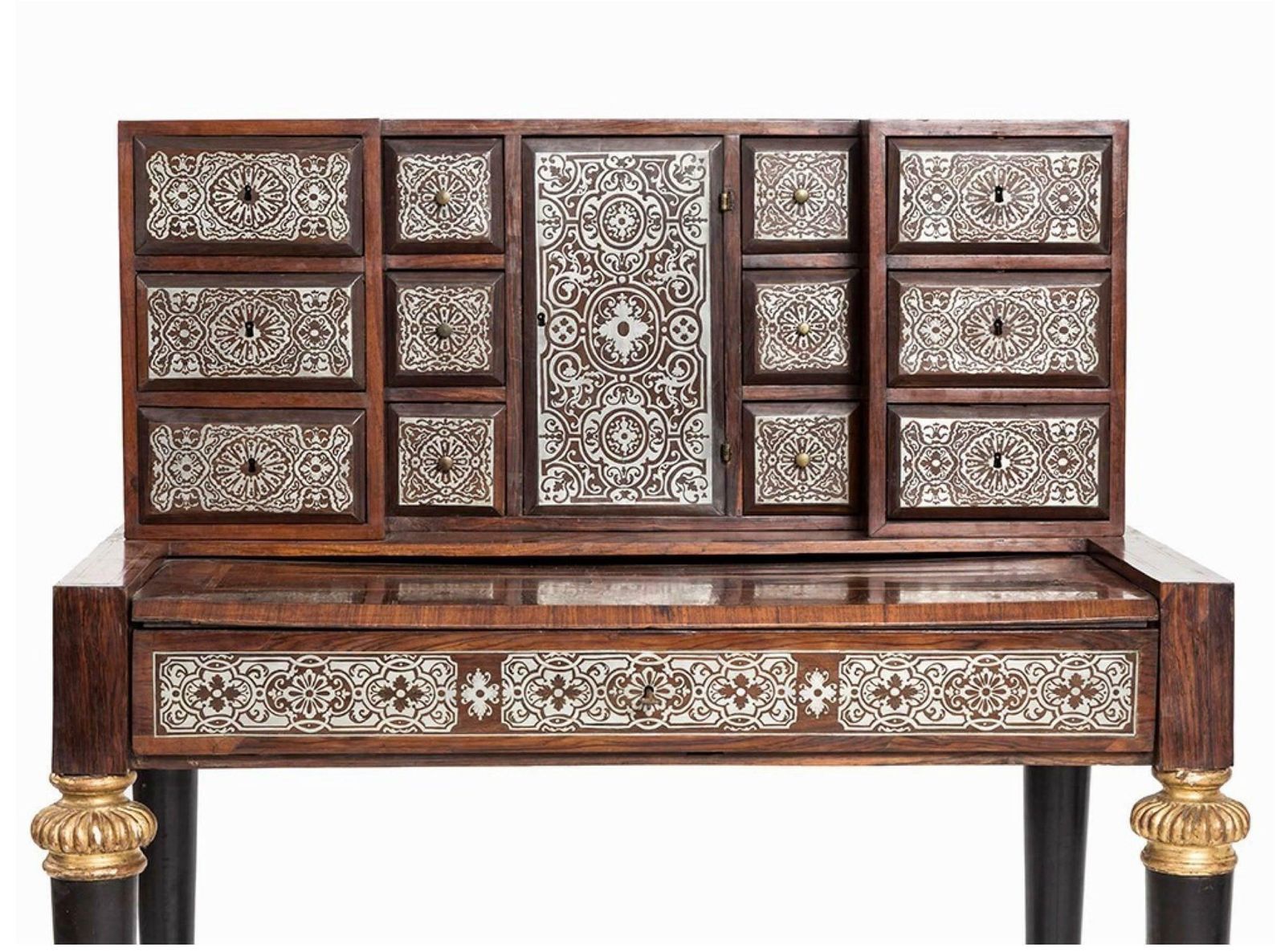 Gorgeous 18th Century Tin Marquetry Writing Desk/ Cabinet photo vintage