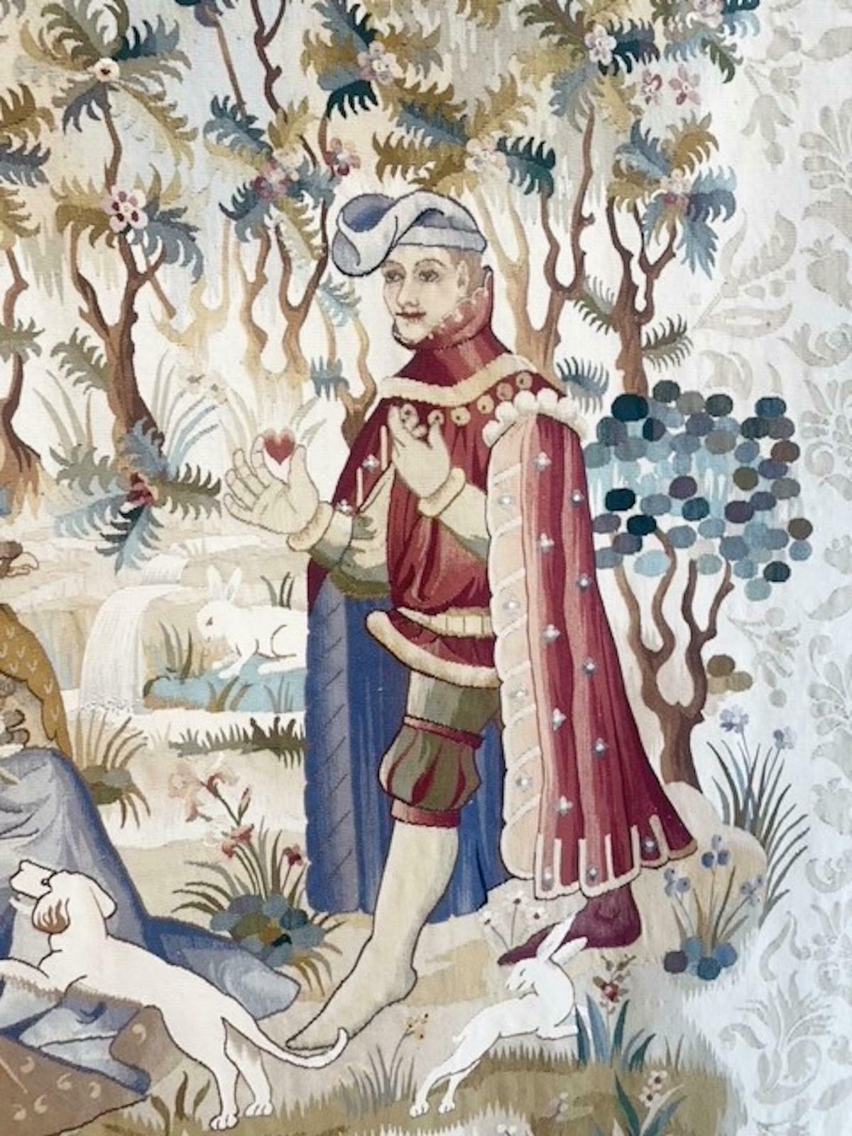 Mid Century Modern Tapestry "The Offering Of The Heart", Belgium, 1940s photo for sale