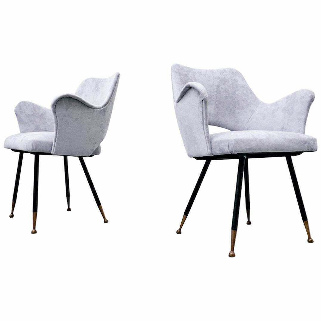 Mid Century Modern Pair Of Italian Armchairs, Velvet, 1950s