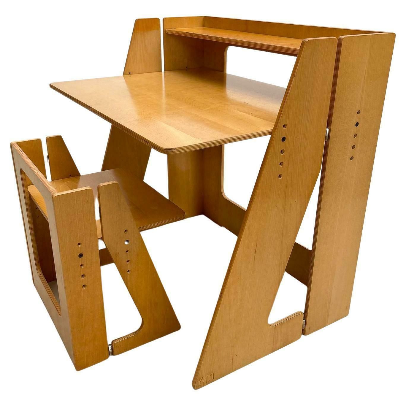 Mid Century Modern Wood Foldable 6m Desk And Chair, Italy, 1960s