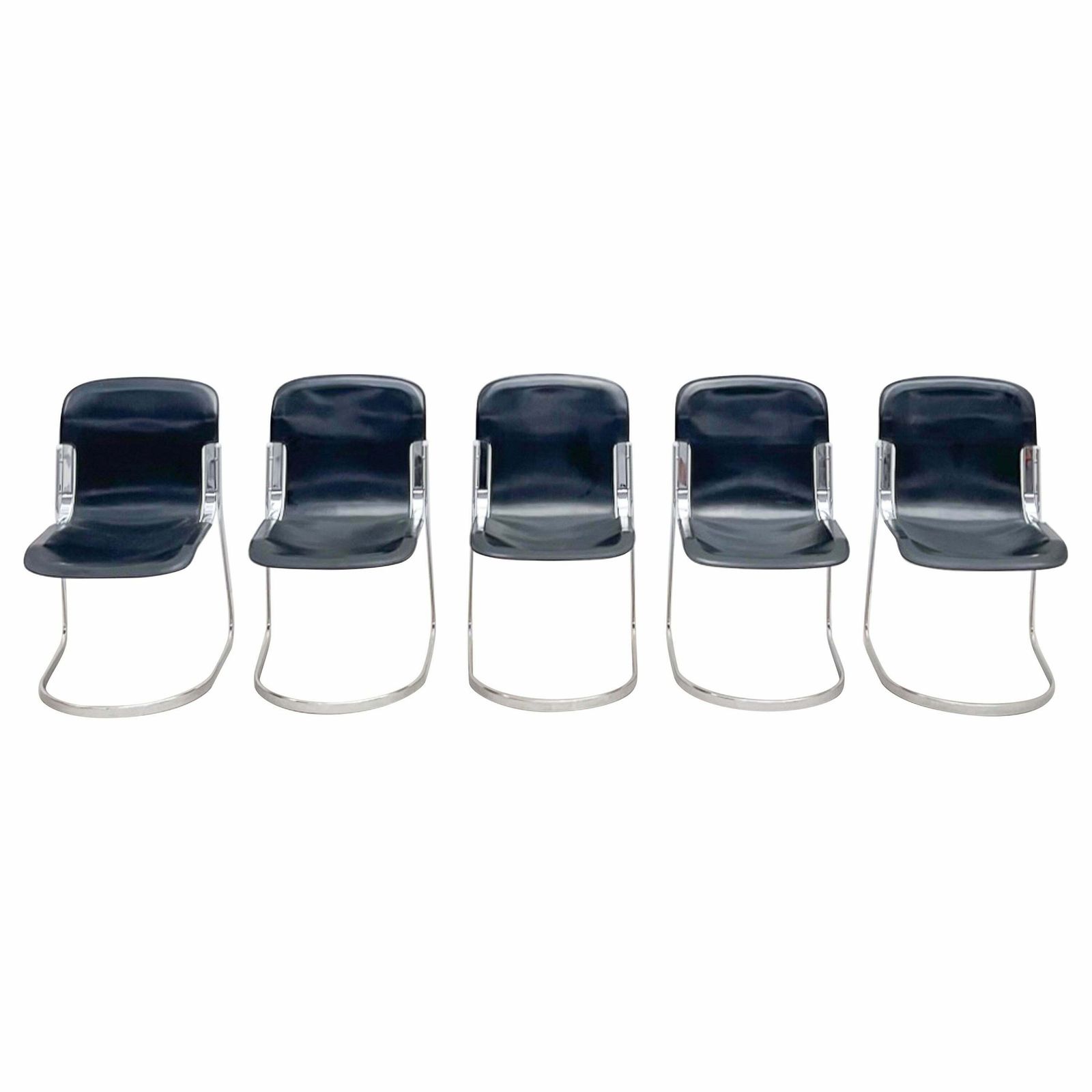 Set Of 5 Dining Chairs By Willy Rizzo For Cidue, Leather And Steel, Italy,1970