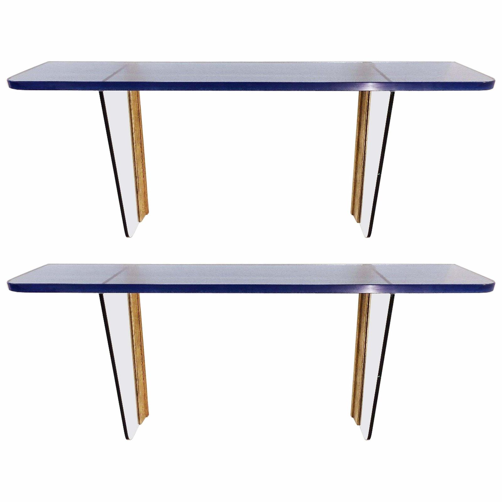 Pair Of Blue Glass Wall Consoles, 20th Century