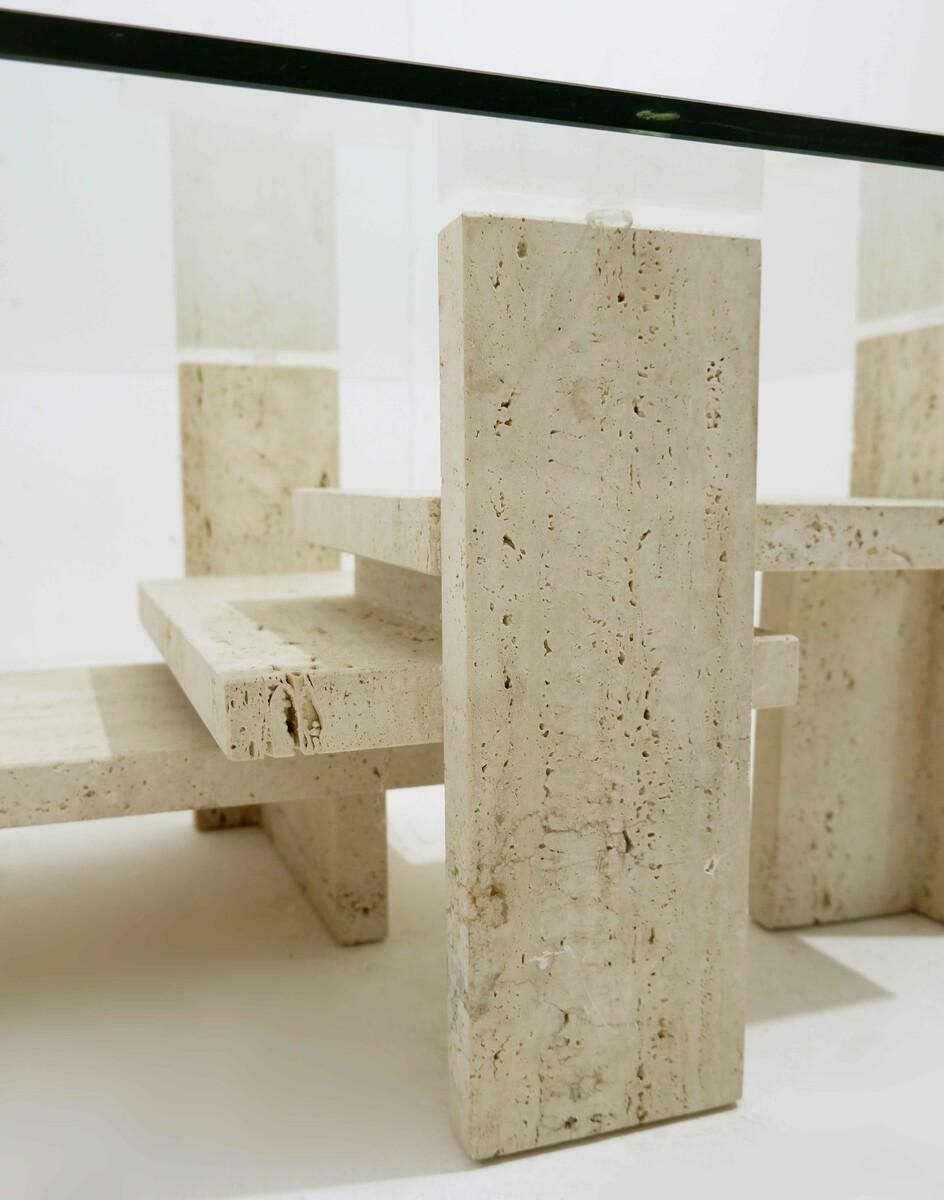 Mid Century Modern Glass And Travertine Coffee Table, Willy Ballez, 1970s photo for sale