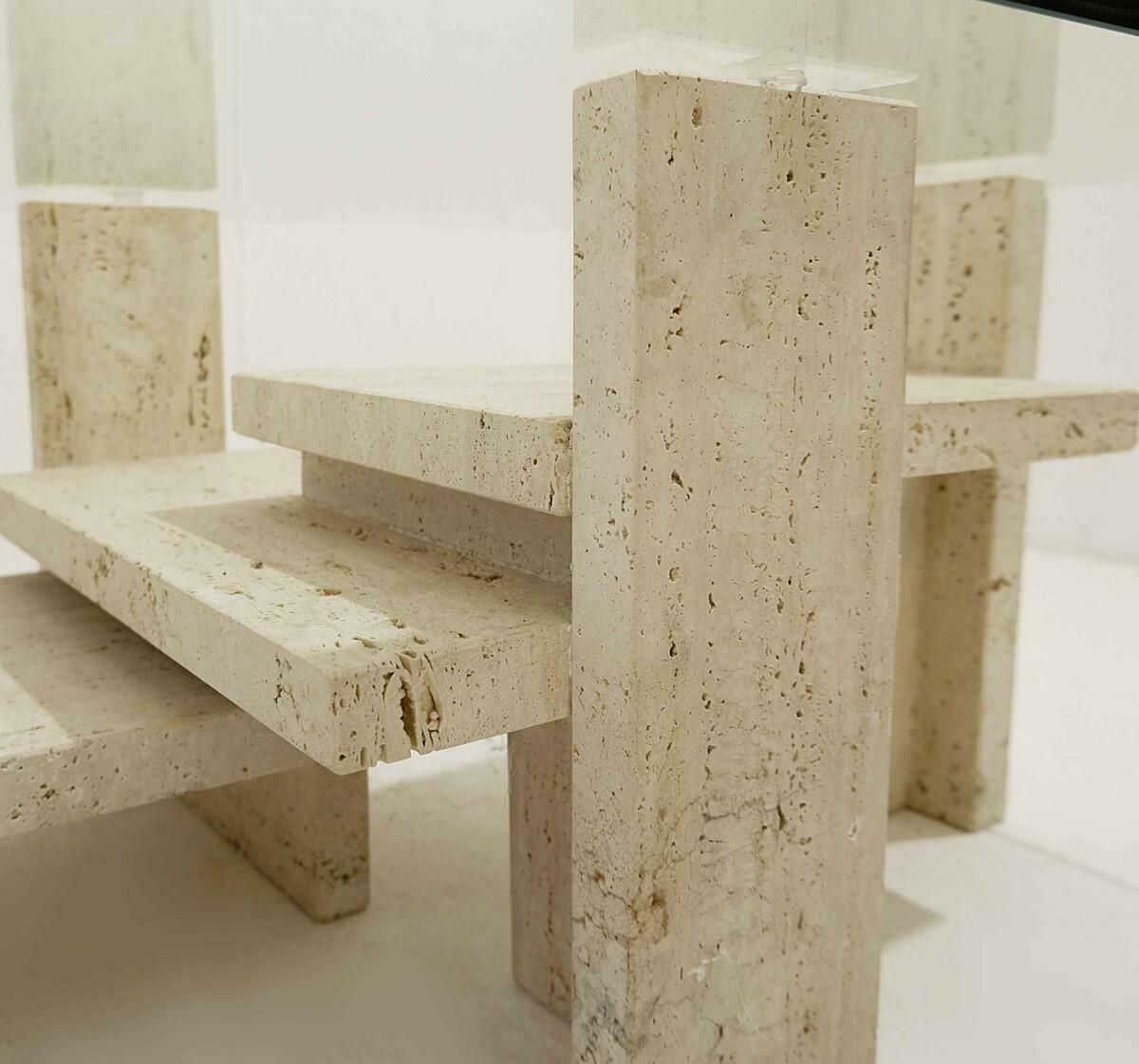 Mid Century Modern Glass And Travertine Coffee Table, Willy Ballez, 1970s photo vinterior