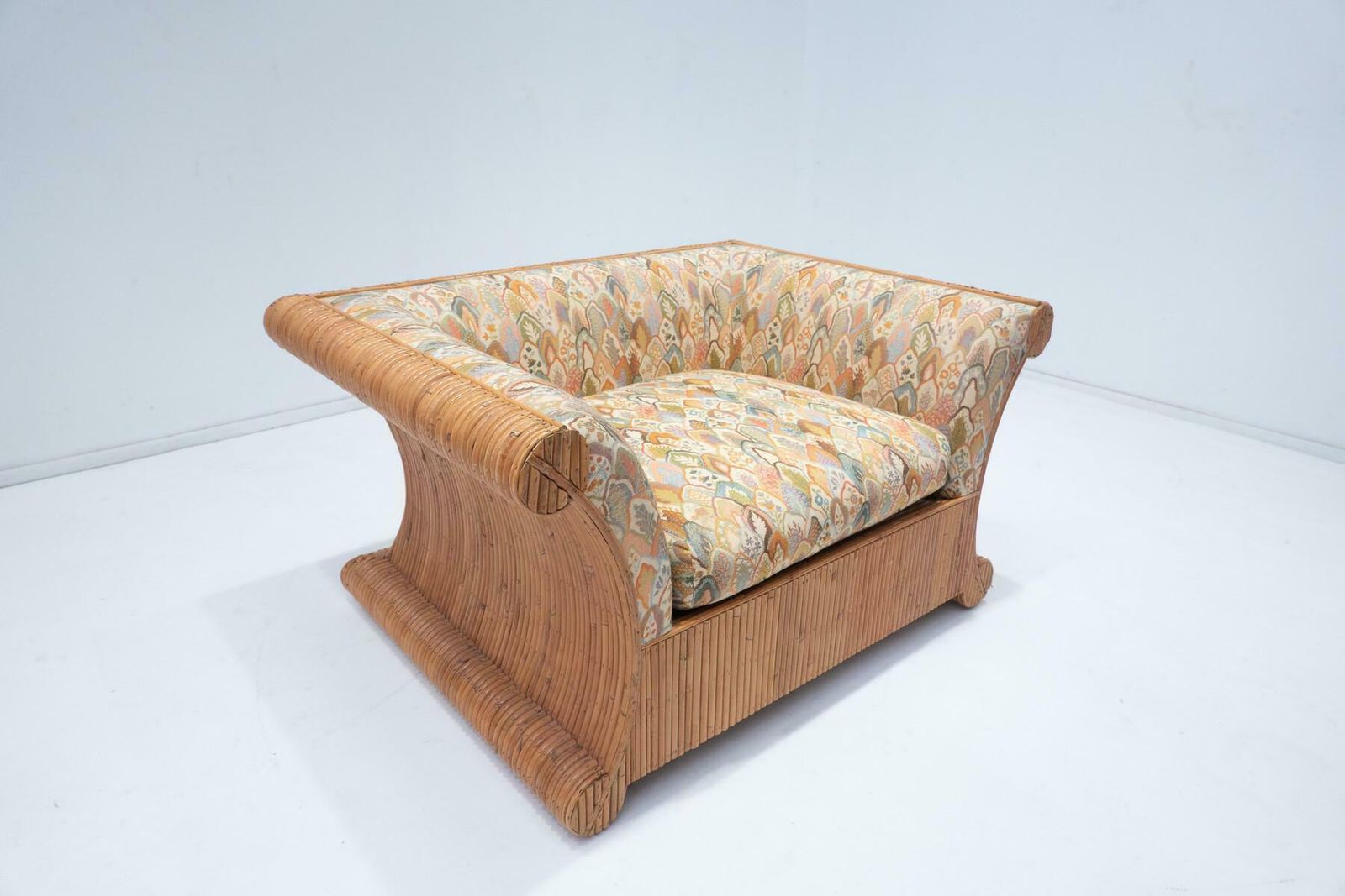 Mid Century Modern Rattan Armchair, Orignal Fabric, Italy photo for sale