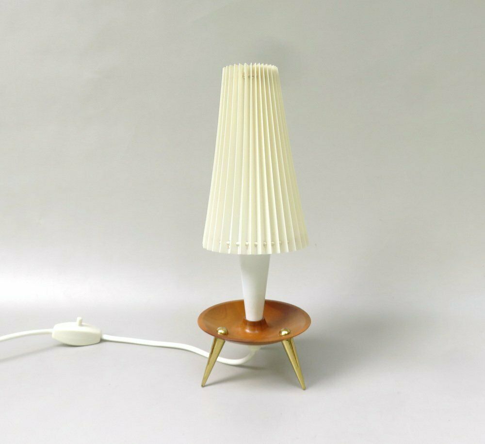 Elegant Delicate Mid Century Table Lights In Teak  Brass And Pleated Screens  1960s  Set Of 2 photo for sale