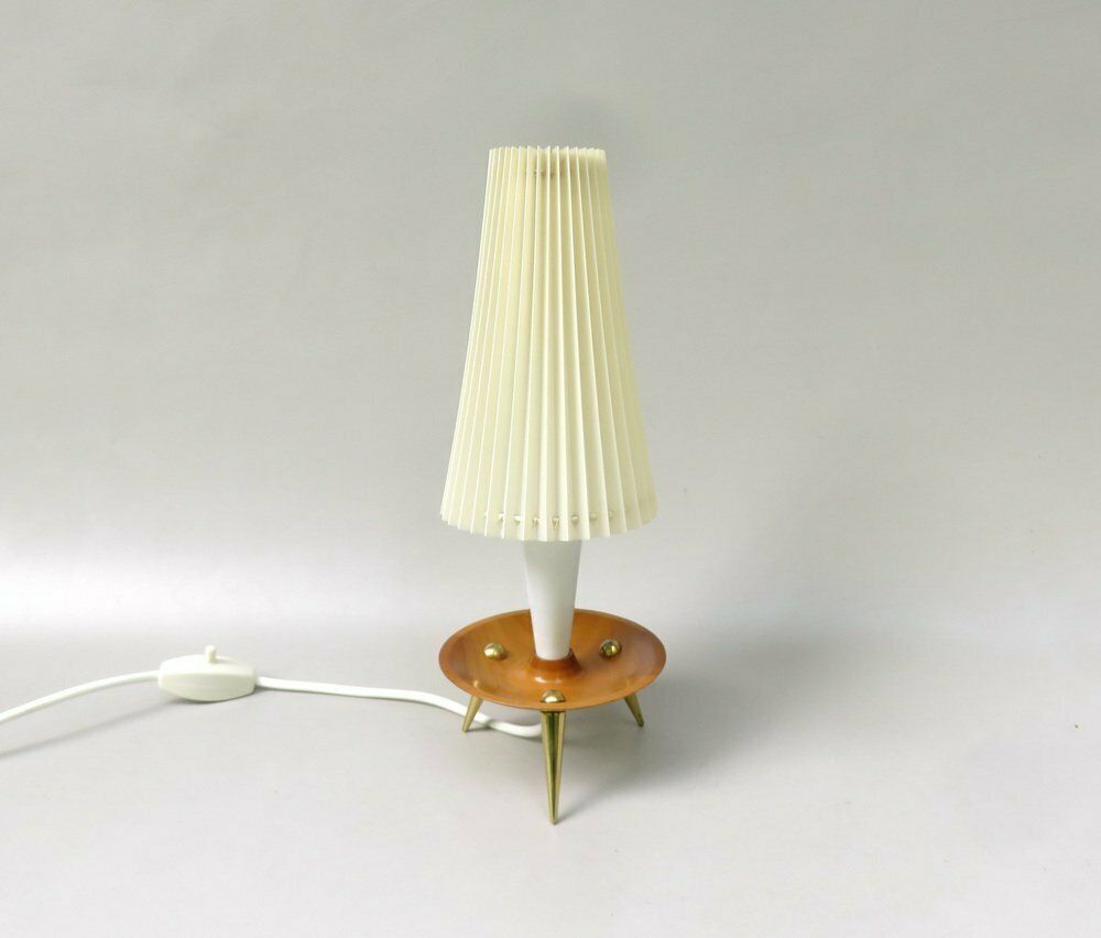 Elegant Delicate Mid Century Table Lights In Teak  Brass And Pleated Screens  1960s  Set Of 2 photo Lighting