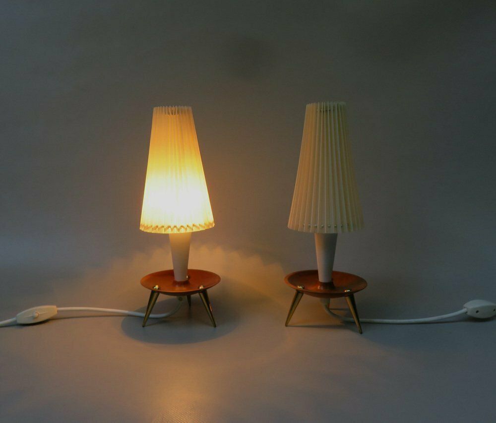 Elegant Delicate Mid Century Table Lights In Teak  Brass And Pleated Screens  1960s  Set Of 2 photo vinterior