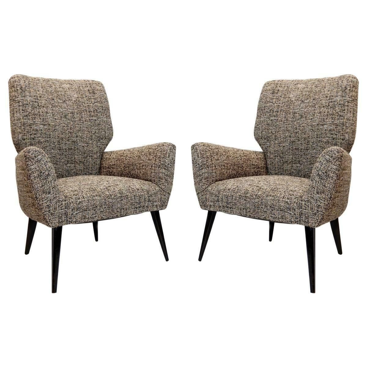 Pair Of Armchairs Black Lacquered Wood Legs, New Upholstery, Italy, 1950s