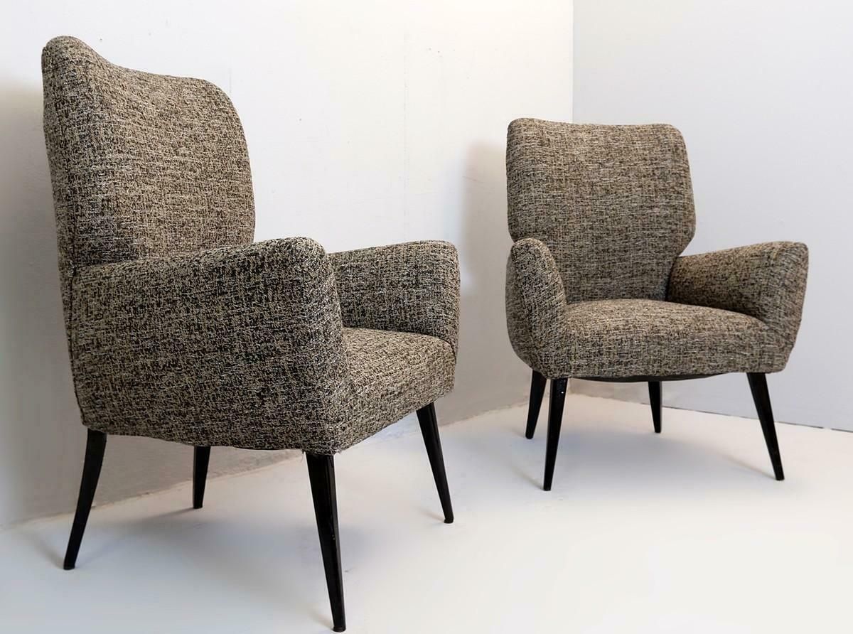 Pair Of Armchairs Black Lacquered Wood Legs, New Upholstery, Italy, 1950s photo vinterior