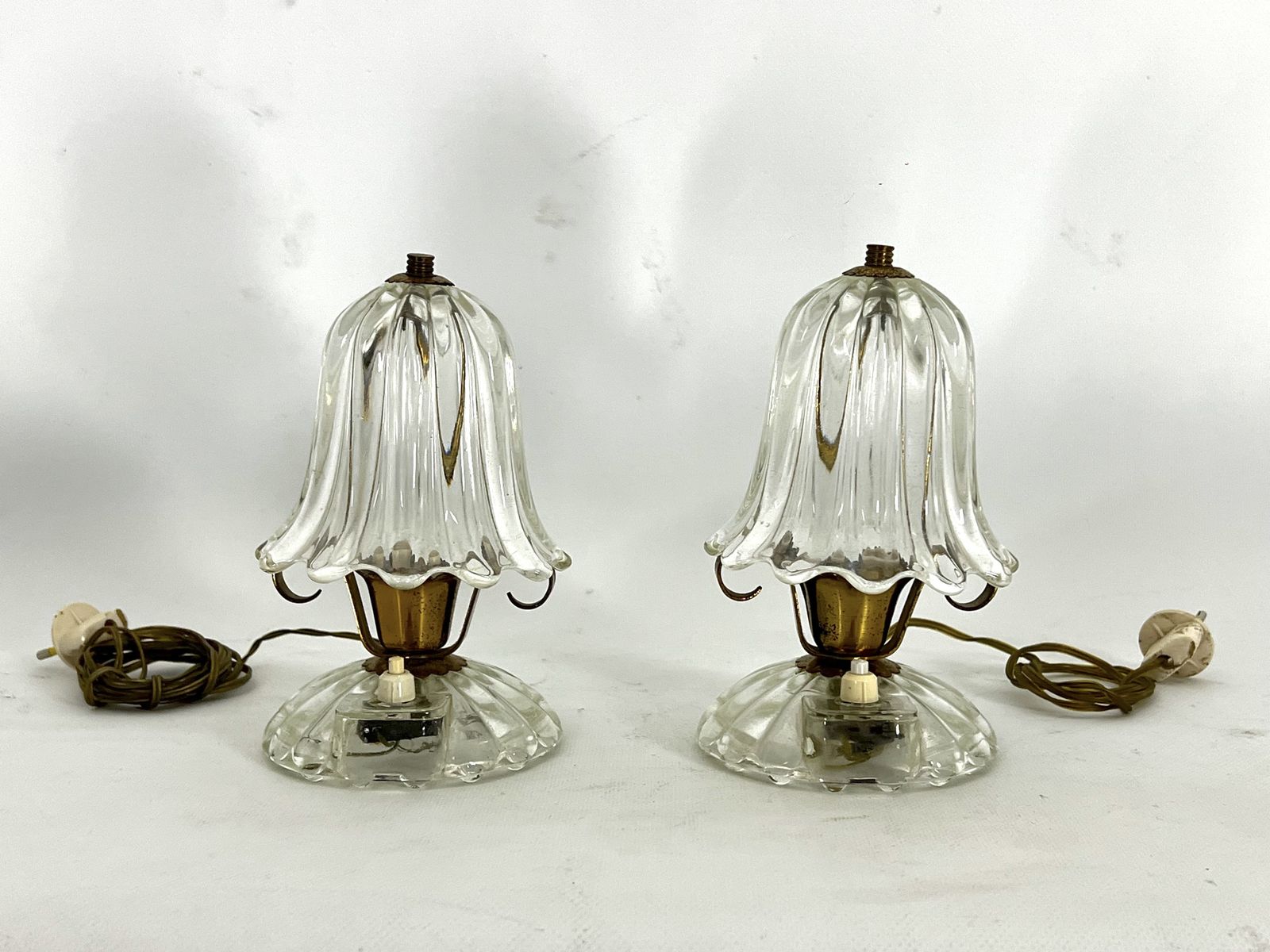 photo for sale Mid Century Pair Of Ercole Barovier Murano Glass And Brass Table Lamps. 1940s