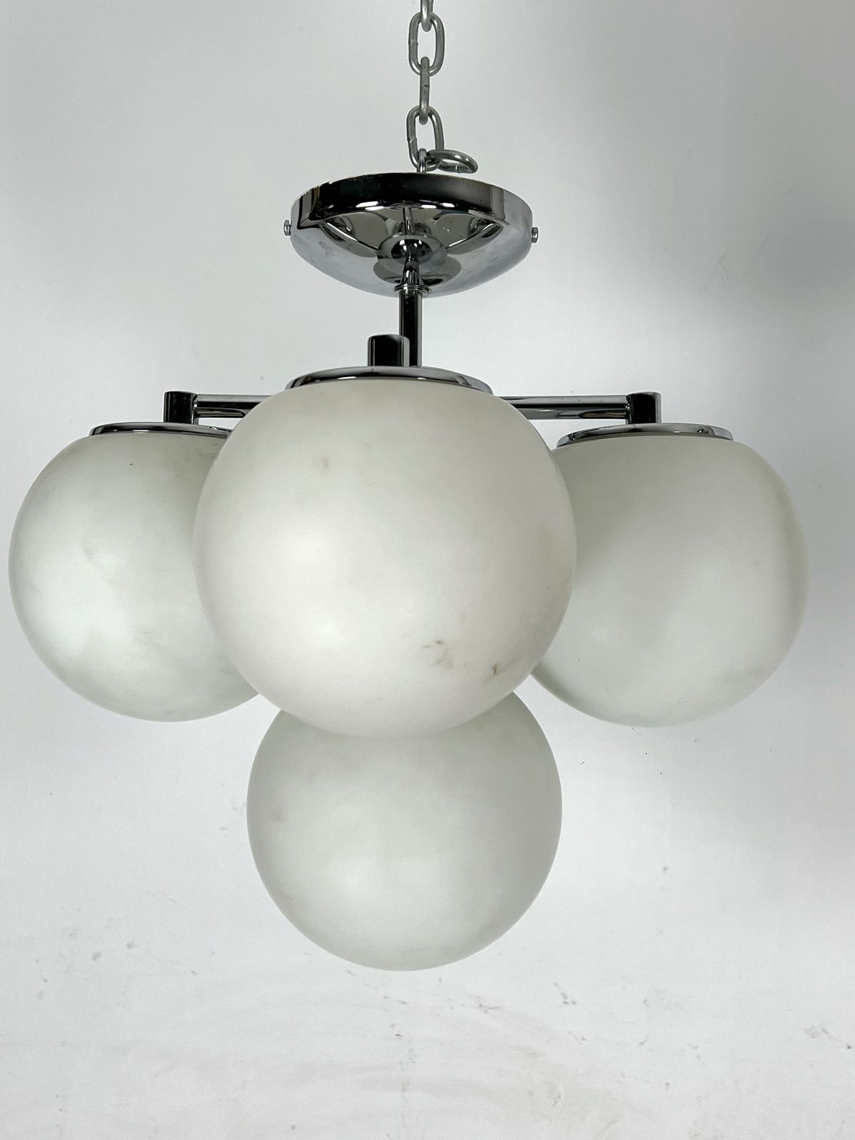 Space Age Style, Vintage Pair Of Ceiling Lamps In Chrome And Opaline Glass. Italy 1980s photo vintage