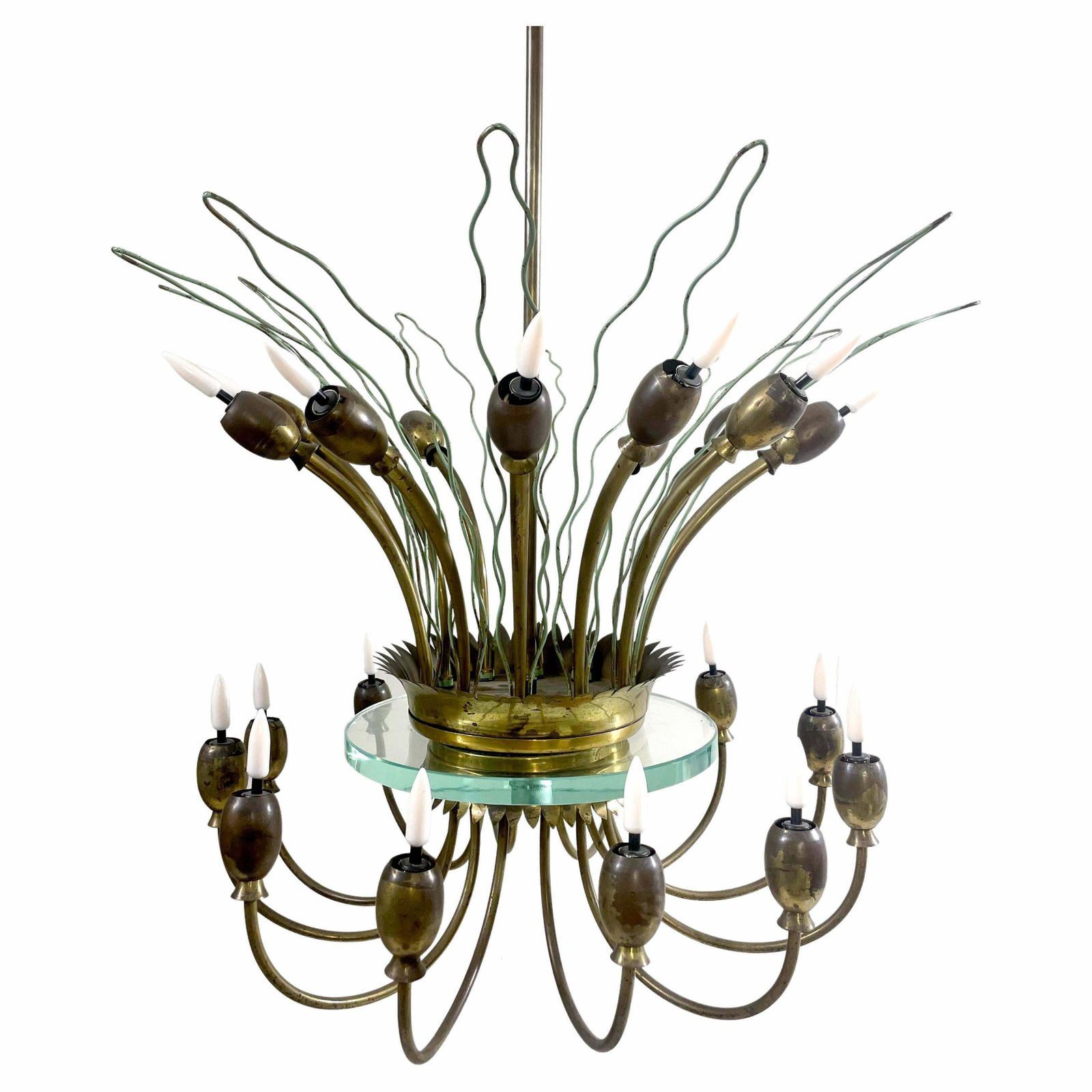 Mid Century Modern Italian Chandelier, Metal Brass And Glass, Italy, 1950s