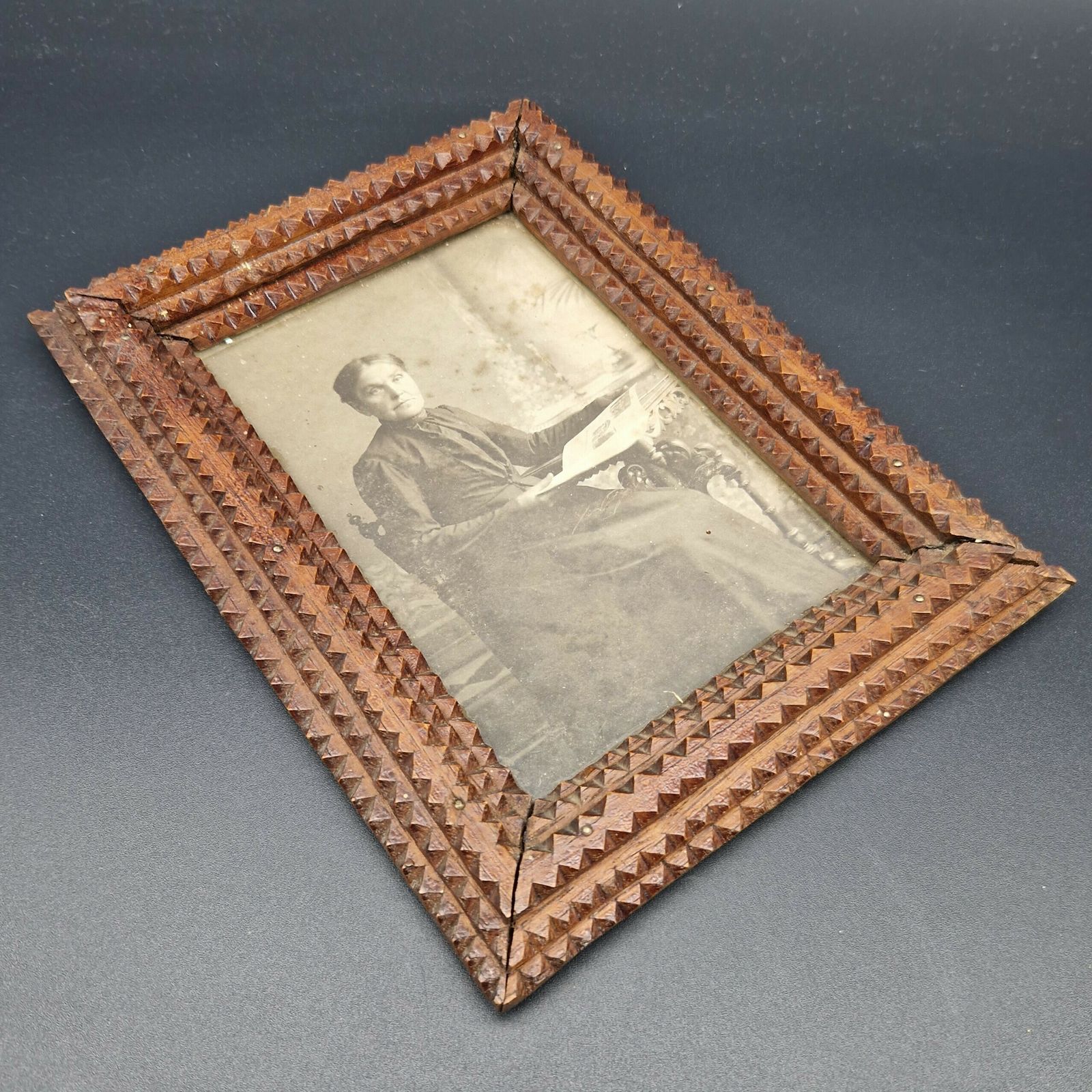 Wooden Picture Frame. Tramp Art Wood Frame. 1850   1880 photo for sale