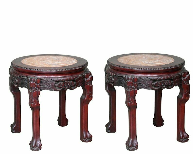 Chinese Pair Side Tables | 2pcs Plant Stands | Red Marble And Lacquer | Carved Wood