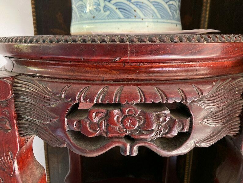 Chinese Pair Side Tables | 2pcs Plant Stands | Red Marble And Lacquer | Carved Wood photo vintage