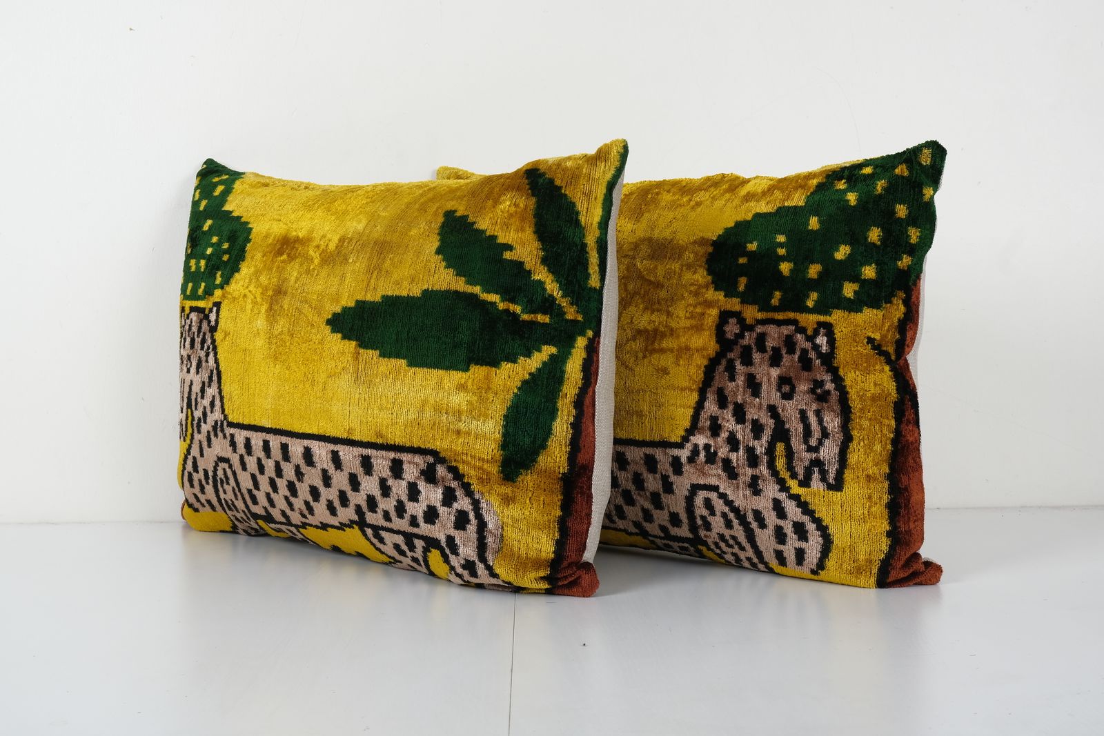 Animal Ikat Velvet Pillow, Set Pink Silk Lumbar Cushion Cover, Abstract Gold Pictorial Designer Pillow Case 16''' X 24'' photo Textiles