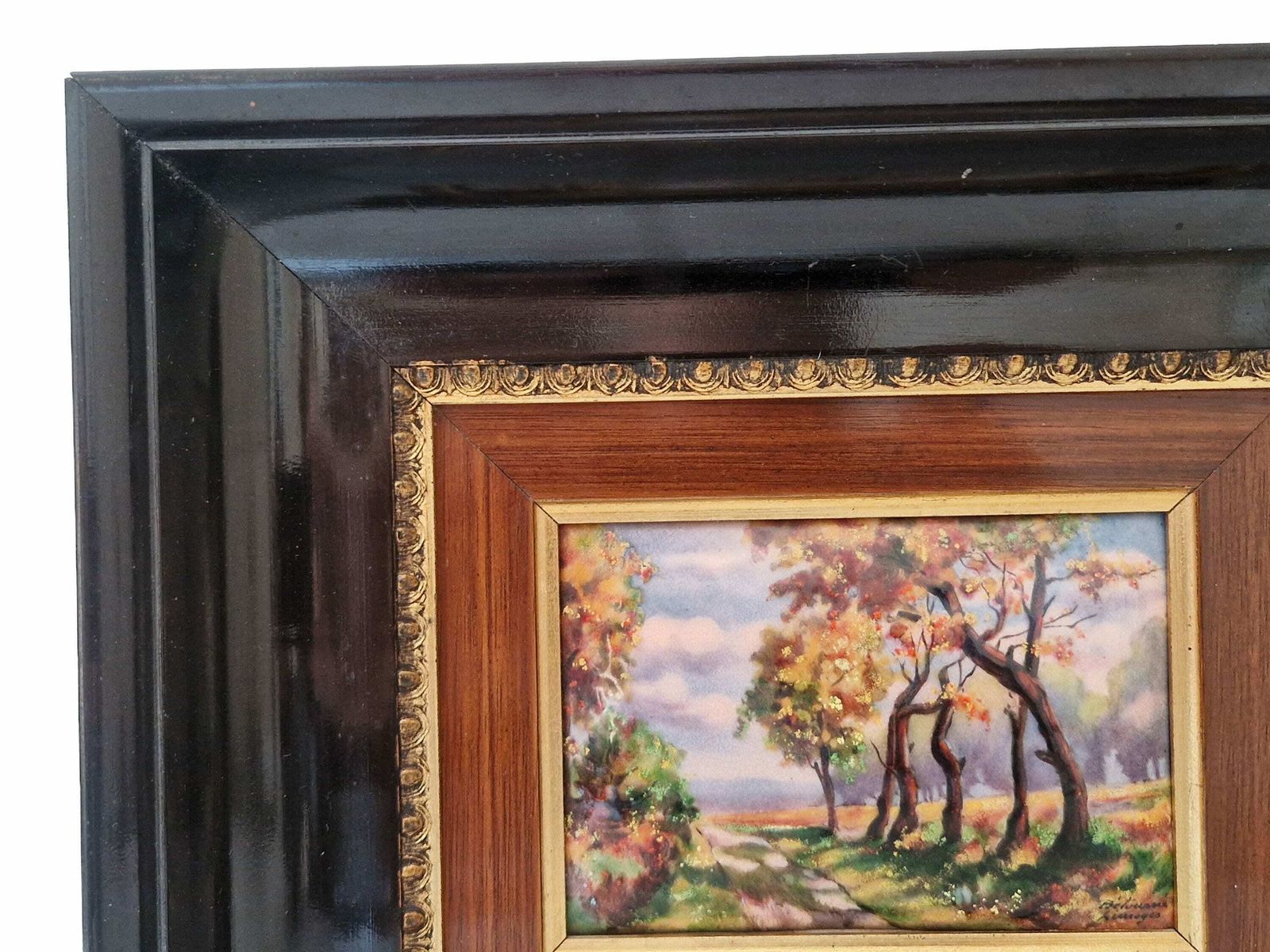 French Limoges Enamel Autumnal Painting By Betourne, Fall Country Landscape Wall Art photo vinterior