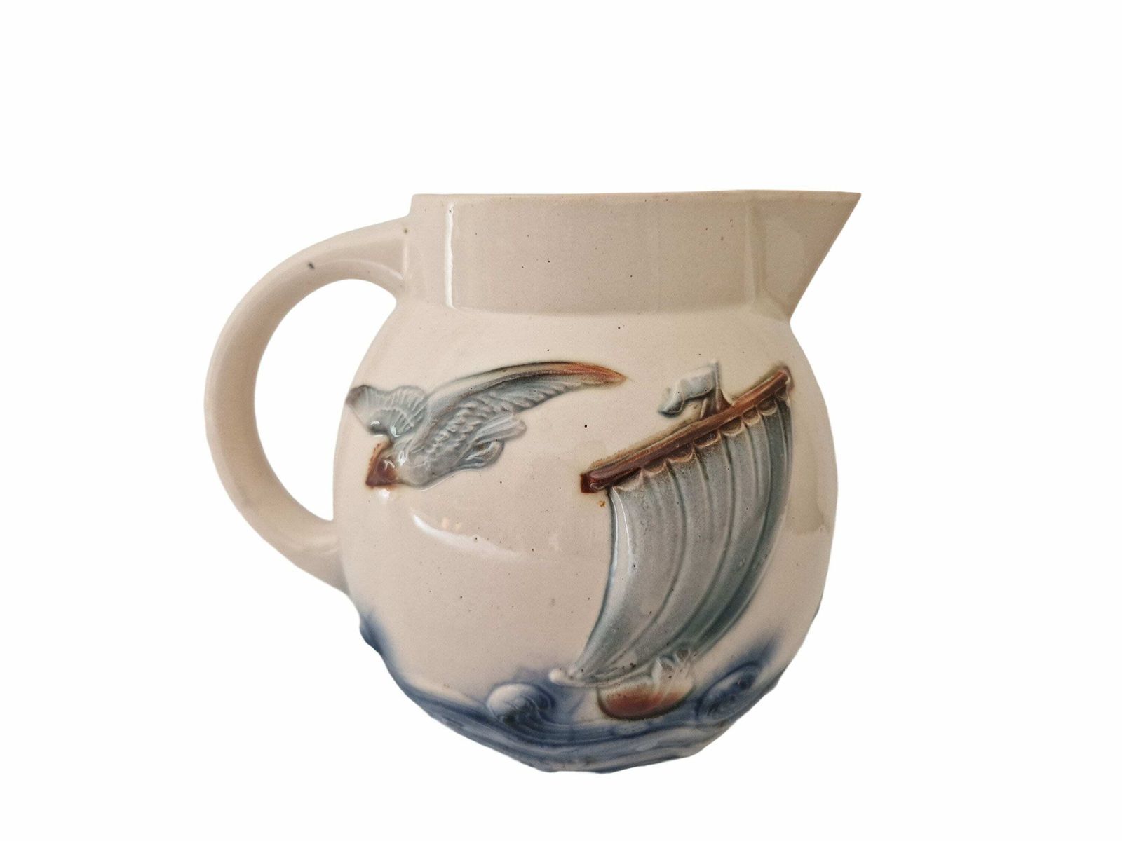 Antique French Majolica Water Pitcher By Digoin Sarreguemines, Sailboat And Seagull Art Deco Ceramic Jug, Nautical Decor