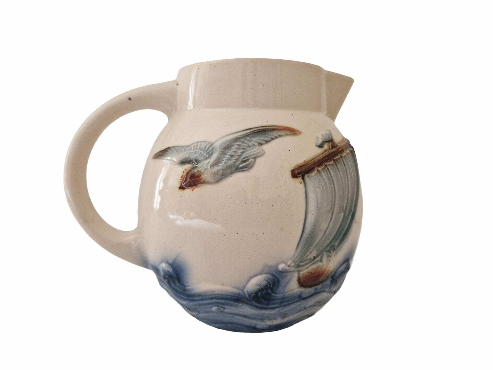 Antique French Majolica Water Pitcher By Digoin Sarreguemines, Sailboat And Seagull Art Deco Ceramic Jug, Nautical Decor photo Home Decor