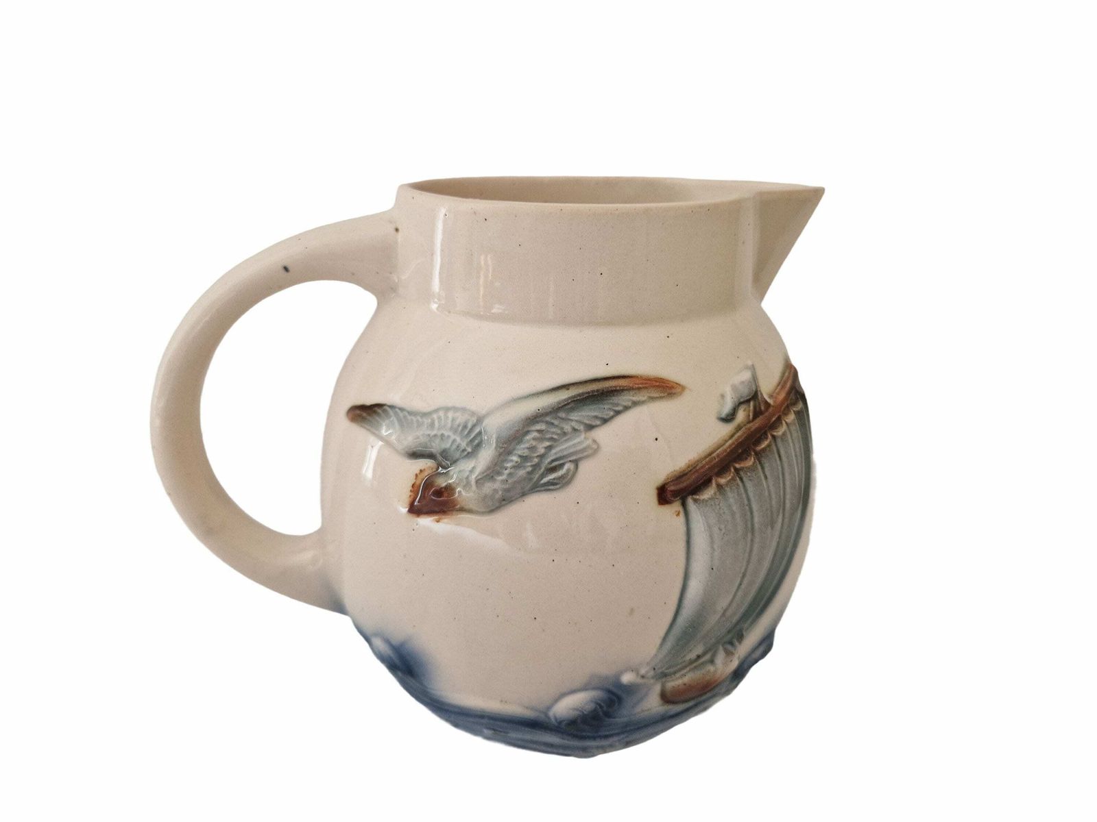 Antique French Majolica Water Pitcher By Digoin Sarreguemines, Sailboat And Seagull Art Deco Ceramic Jug, Nautical Decor photo 149.0