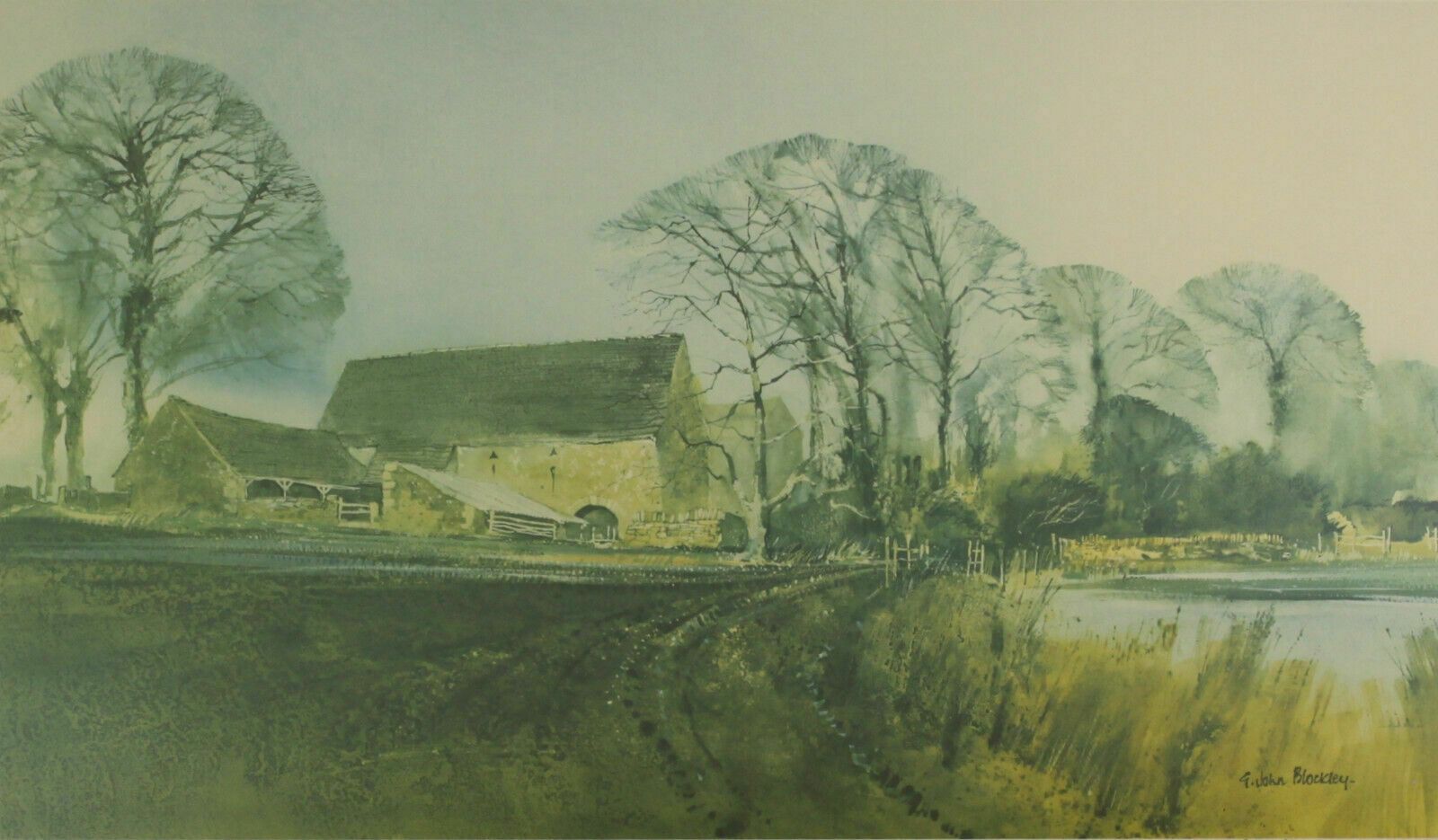 Signed Print By Gwilym John Blockley Titled Barn By The Pool photo furniture