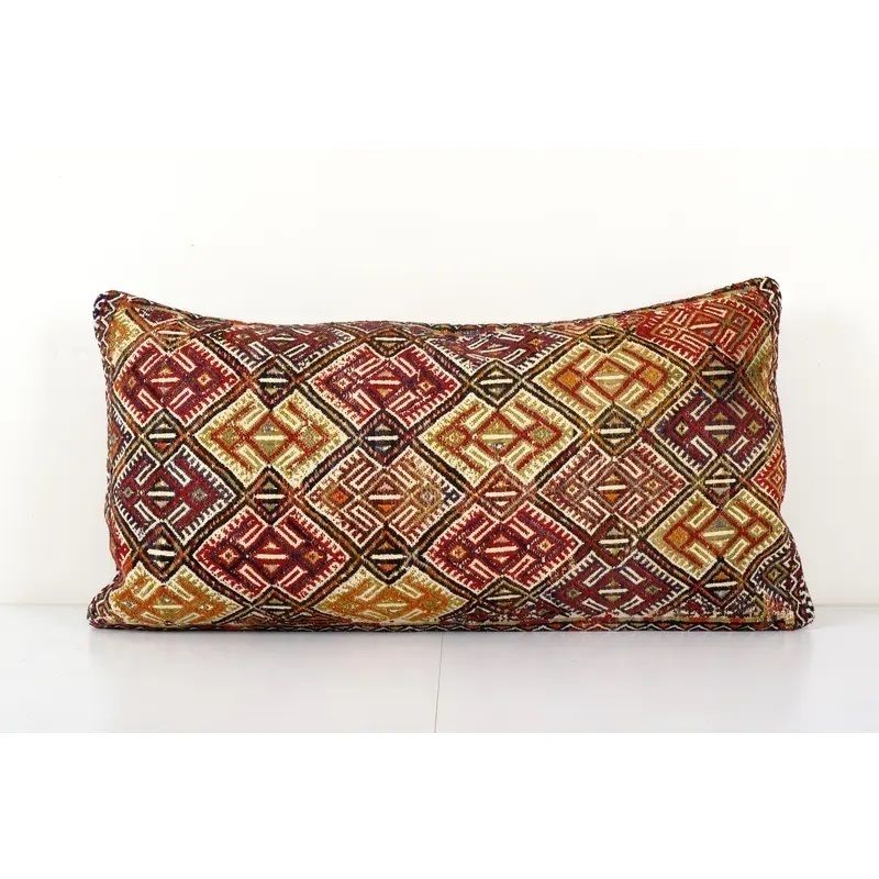 Bohemian Bedding Kilim Pillow Cover, Long Turkish Lumbar Pillow With Mid Century
