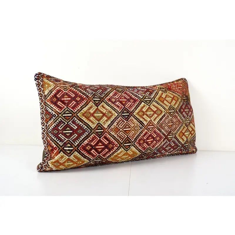 Bohemian Bedding Kilim Pillow Cover, Long Turkish Lumbar Pillow With Mid Century photo for sale