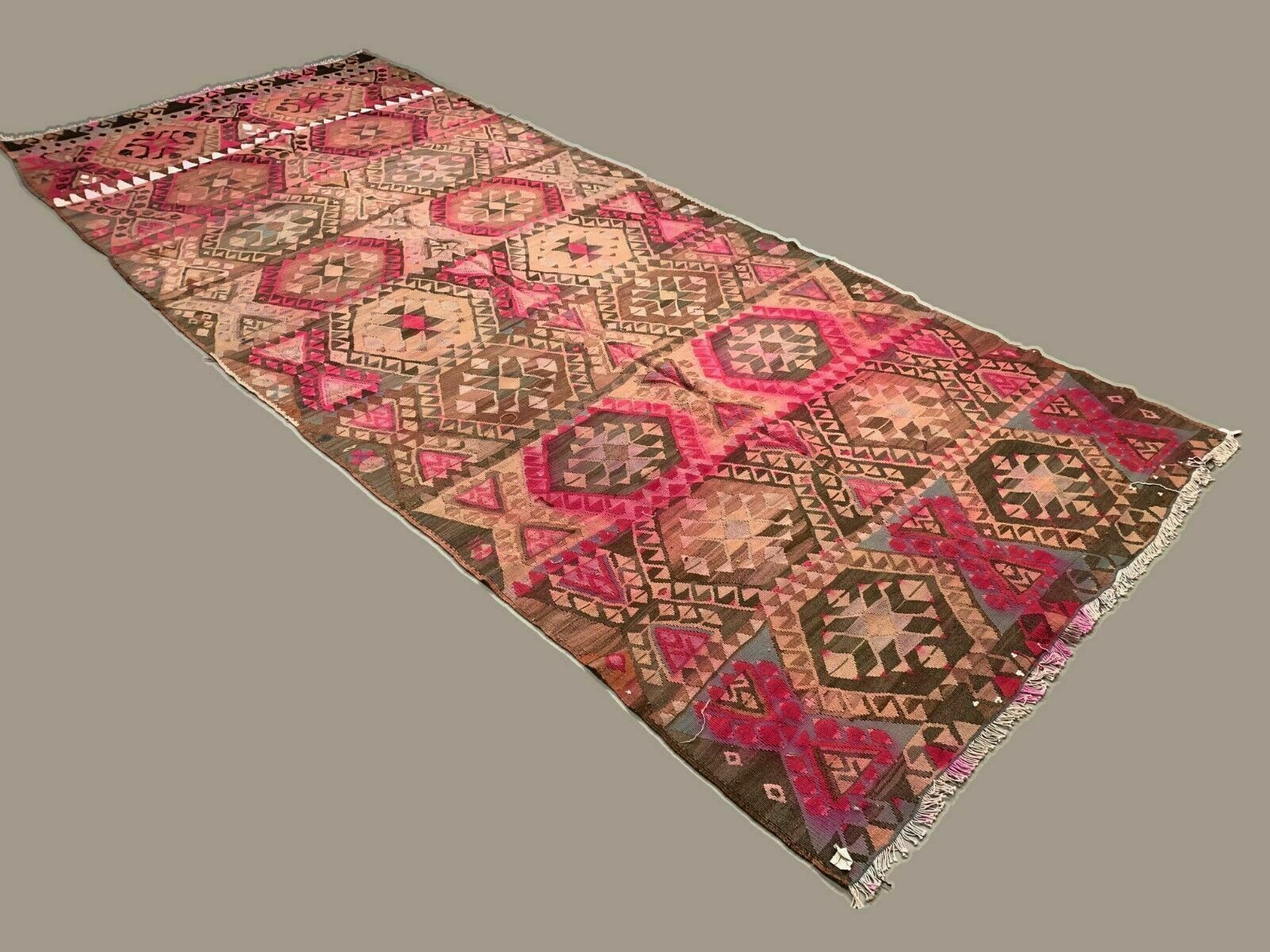 Vintage Turkish Kilim 414x174 Cm Wool Kelim Rug Large Pink, Beige, Brown, Black photo furniture