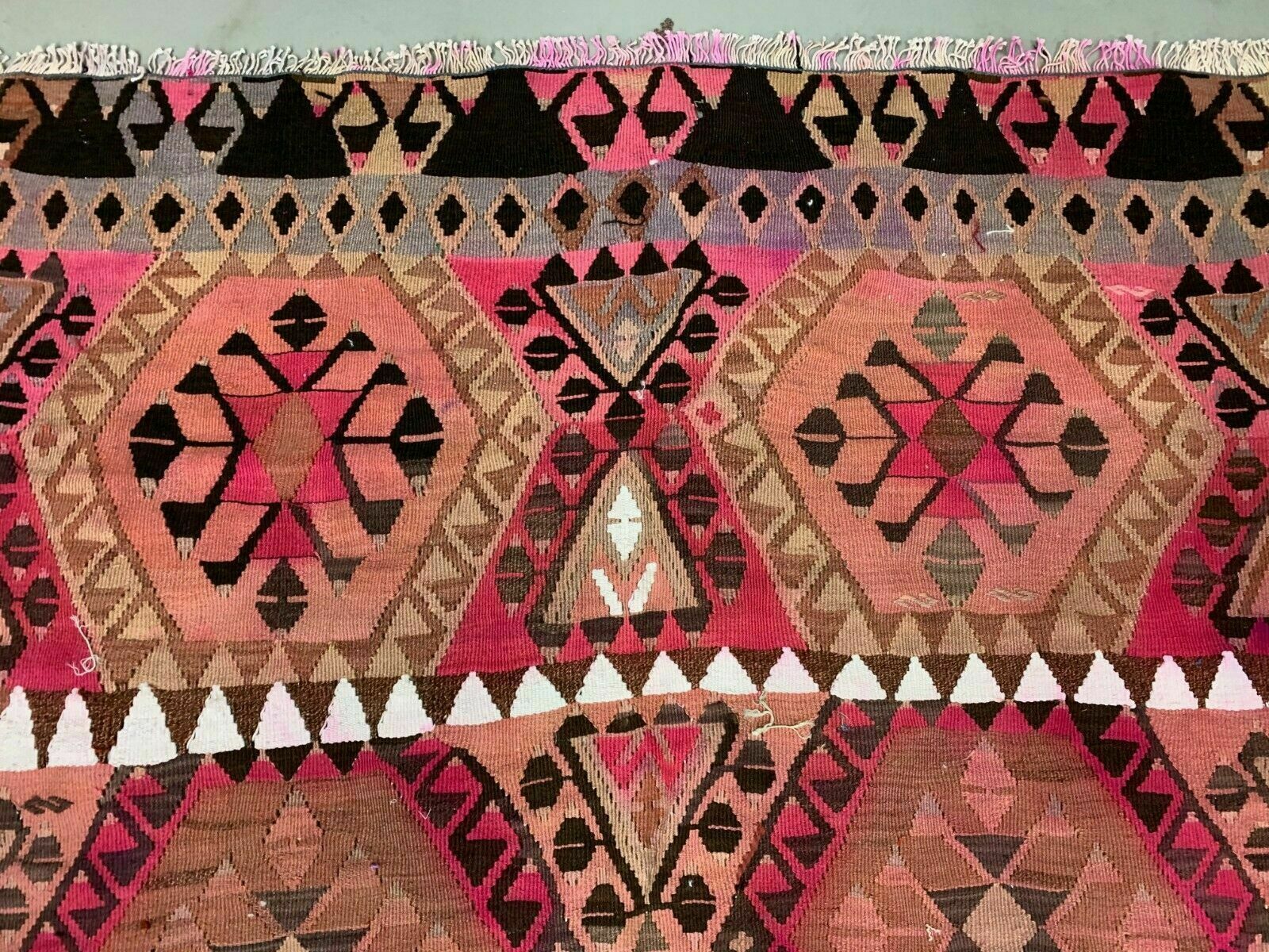 Vintage Turkish Kilim 414x174 Cm Wool Kelim Rug Large Pink, Beige, Brown, Black photo 995.0