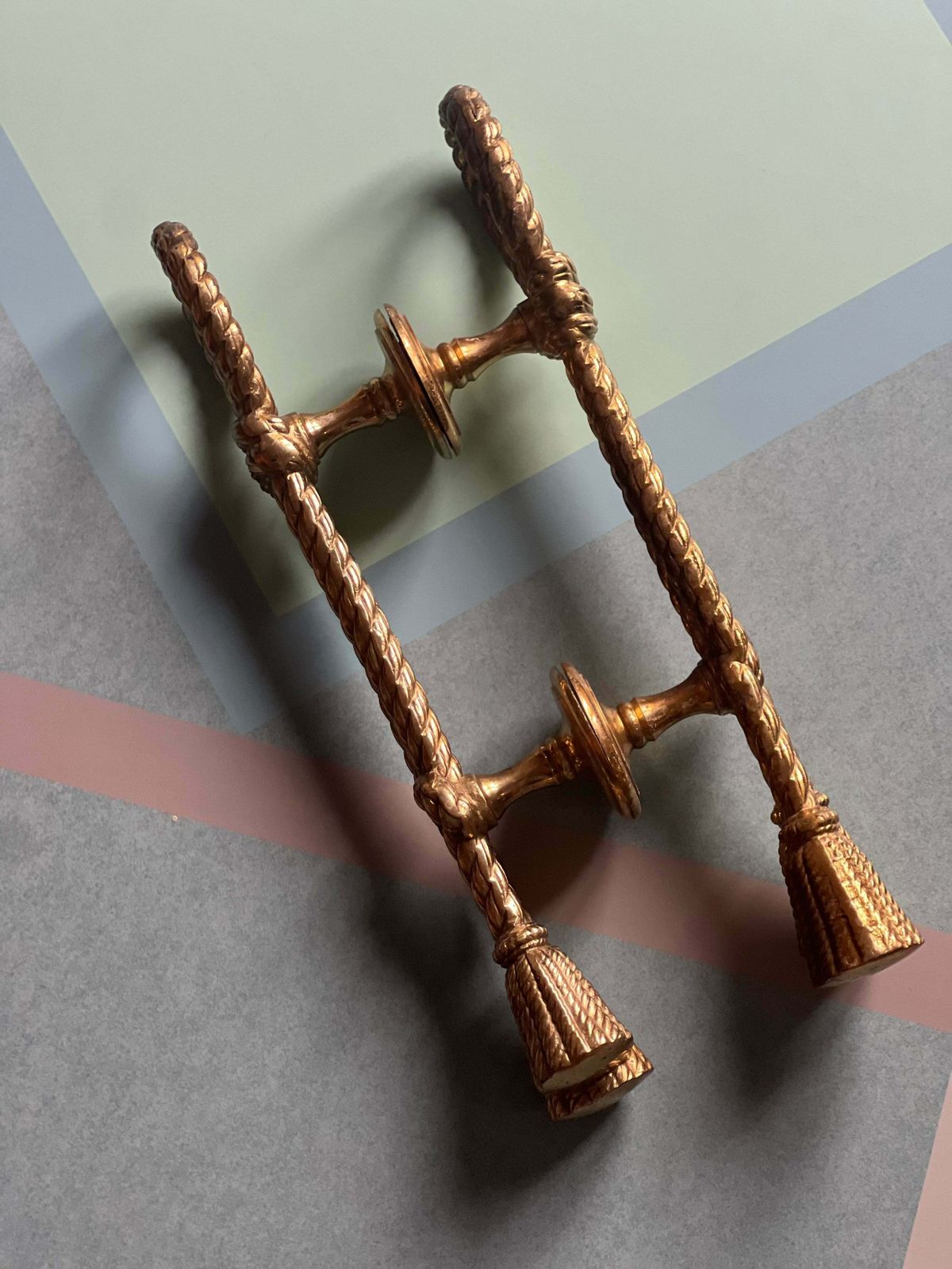 Pair Of Large Push And Pull Rope And Tassel Effect Solid Brass Door Handles. Italian 1950s photo Home Fixtures