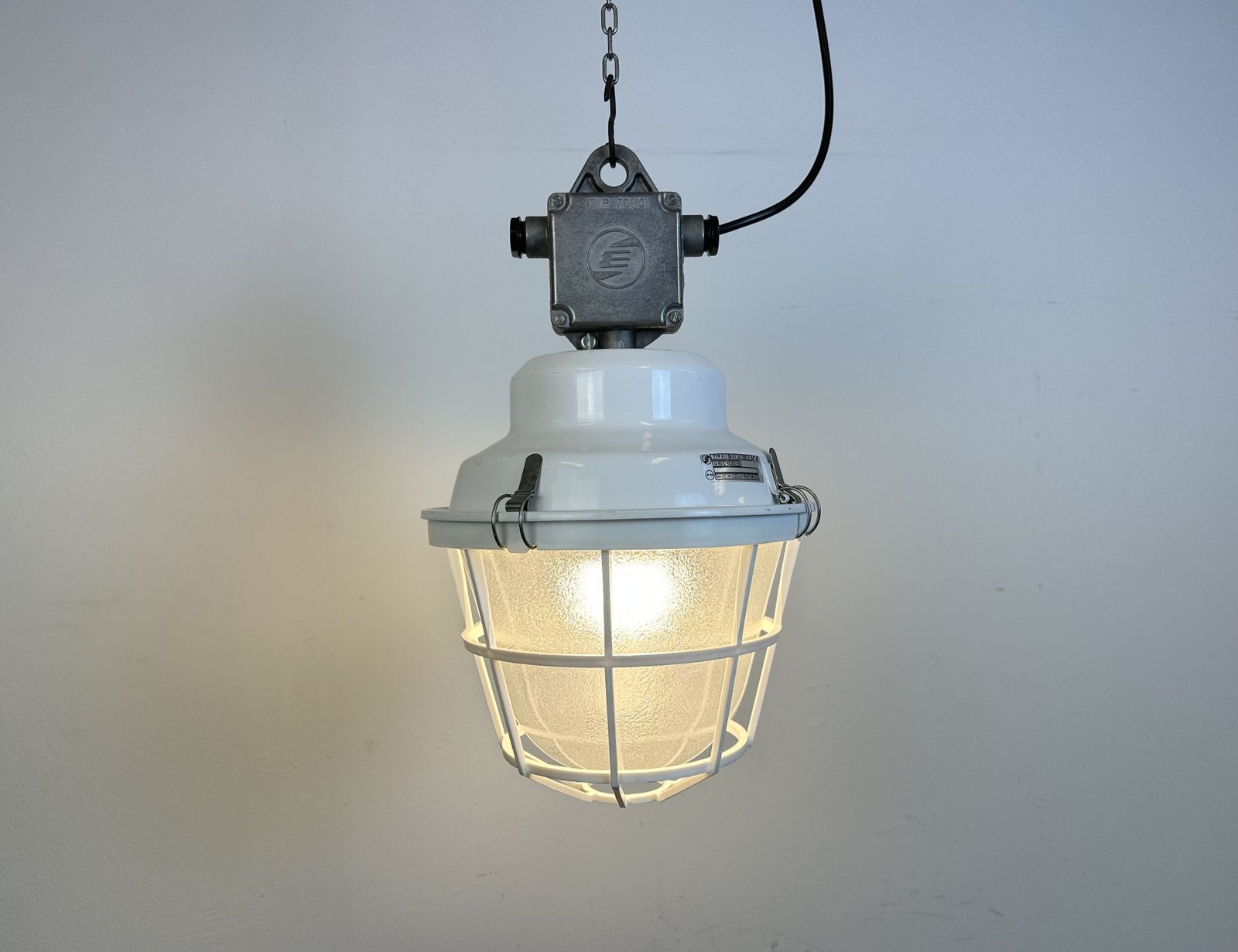 photo for sale White Industrial Factory Light With Plastic Grid From Elektrosvit, 1990s, 16x