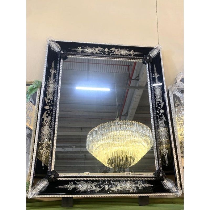 21st Century Venetian Black Floreal Hand Carving Wall Mirror In Murano Glass photo Home Decor