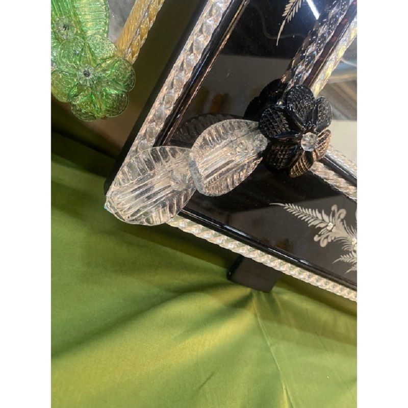 21st Century Venetian Black Floreal Hand Carving Wall Mirror In Murano Glass photo 4200.0