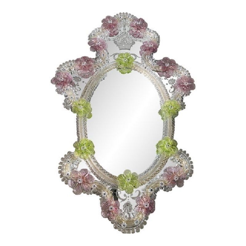 2000s Venetian Oval Green And Pink Floreal Hand Carving Mirror In Murano Glass Style