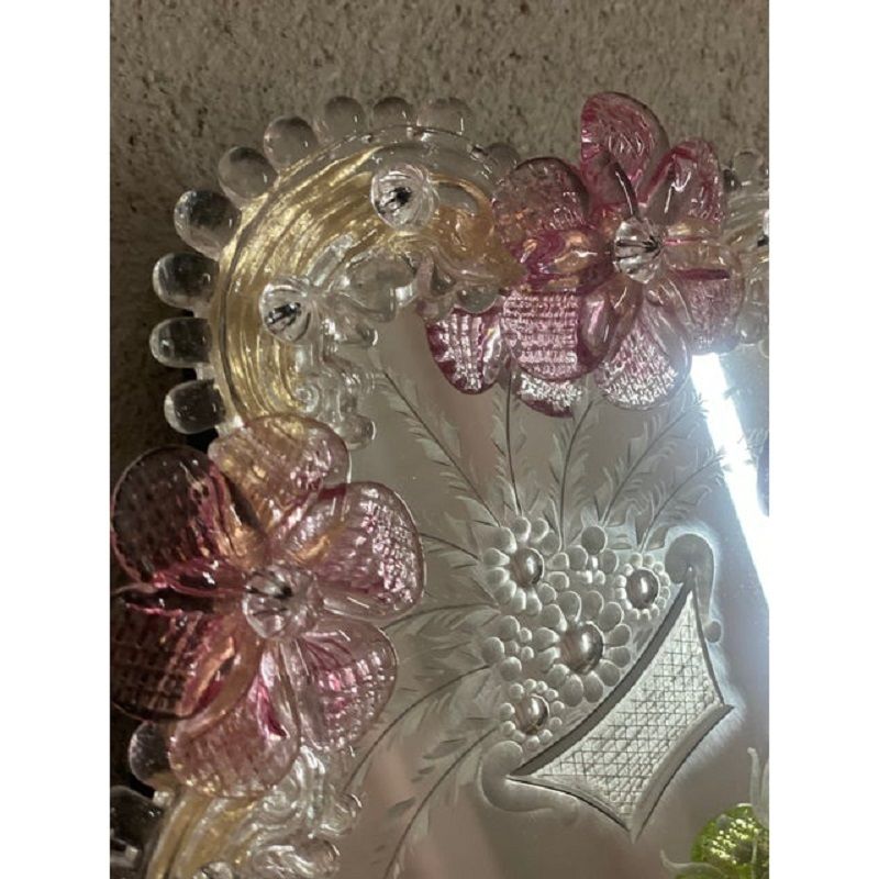 2000s Venetian Oval Green And Pink Floreal Hand Carving Mirror In Murano Glass Style photo vinterior