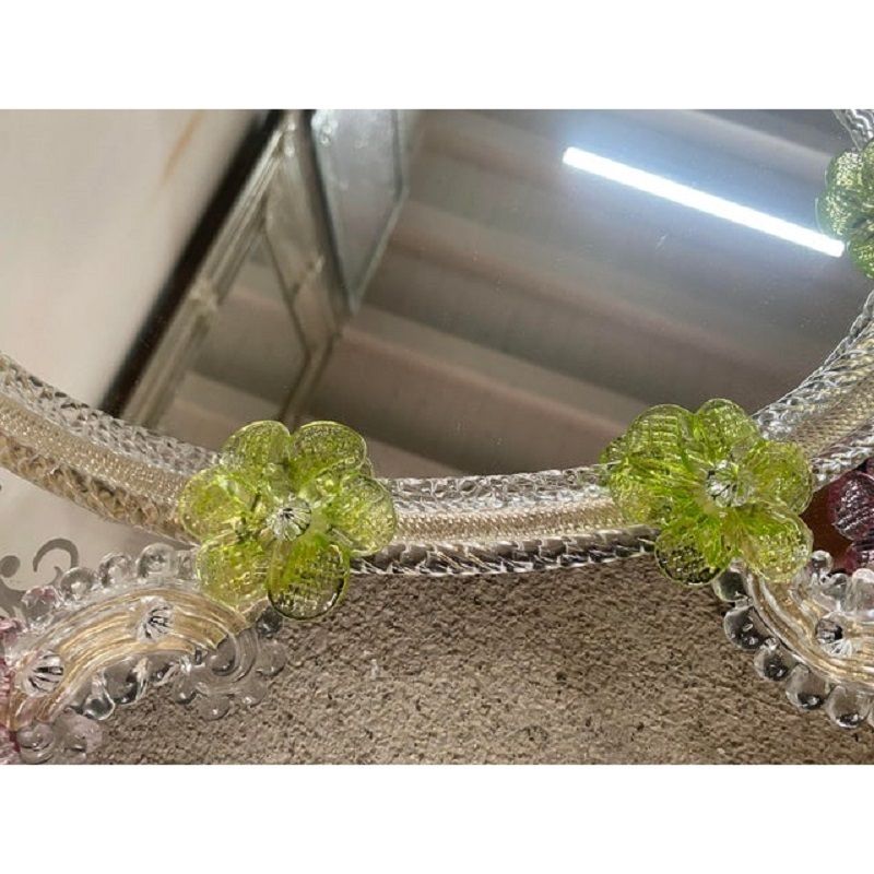 2000s Venetian Oval Green And Pink Floreal Hand Carving Mirror In Murano Glass Style photo vintage