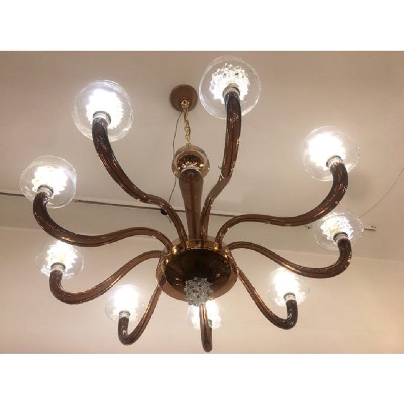 Contemporary Brown Murano Glass Chandlier With "Rostrato" Working Cup photo vintage