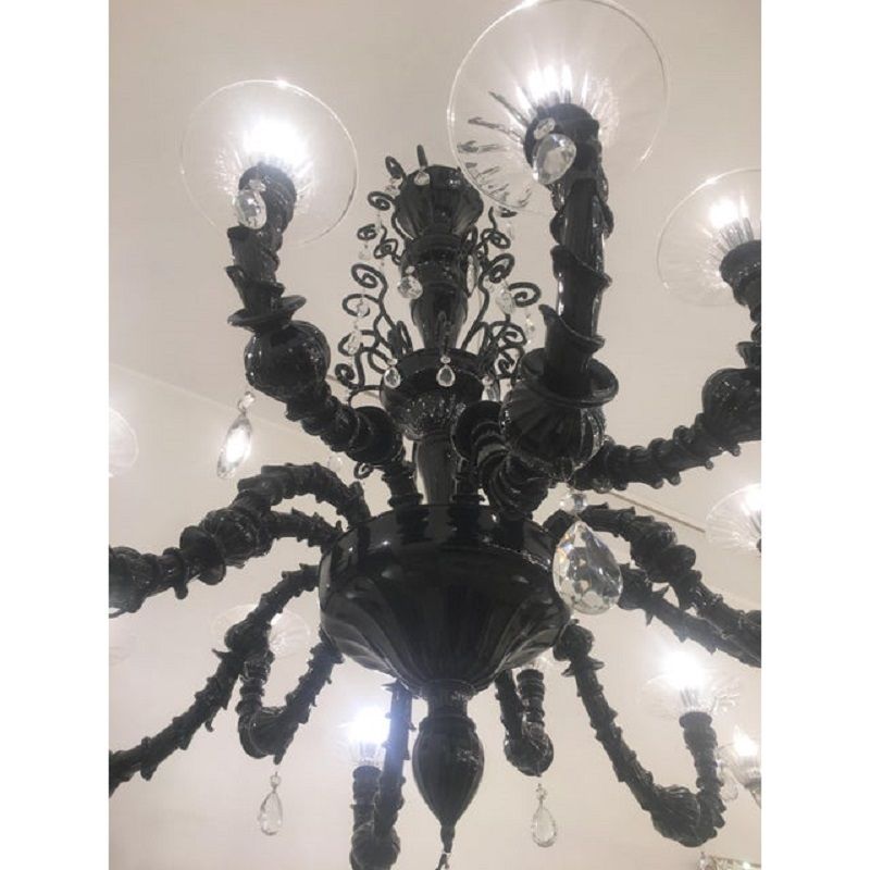 Contemporary Venetian Black Cà Rezzonico Murano Glass Chandelier With Crystals photo Lighting