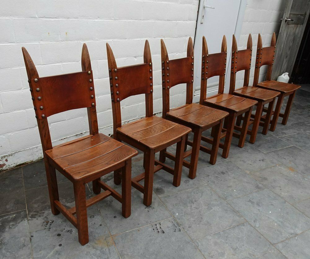 French Brutalist Oak And Leather Horn Form Chairs, 1970s, Set Of 6 photo 1890.0