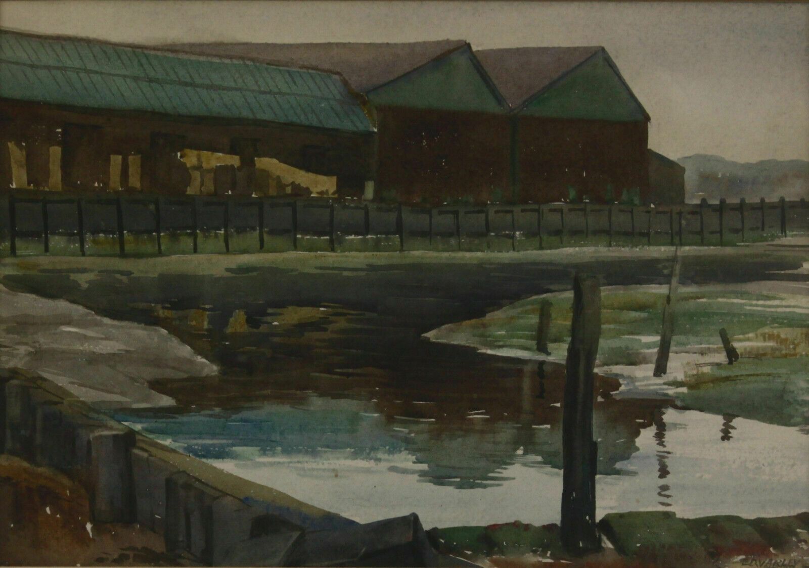 Watercolour By E.D. Varley. Boat Sheds On The River Yare. photo furniture