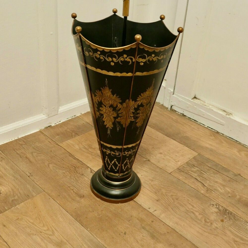A Superb Italian Toleware Umbrella Stand, Hand Painted Gold On Black photo Furniture