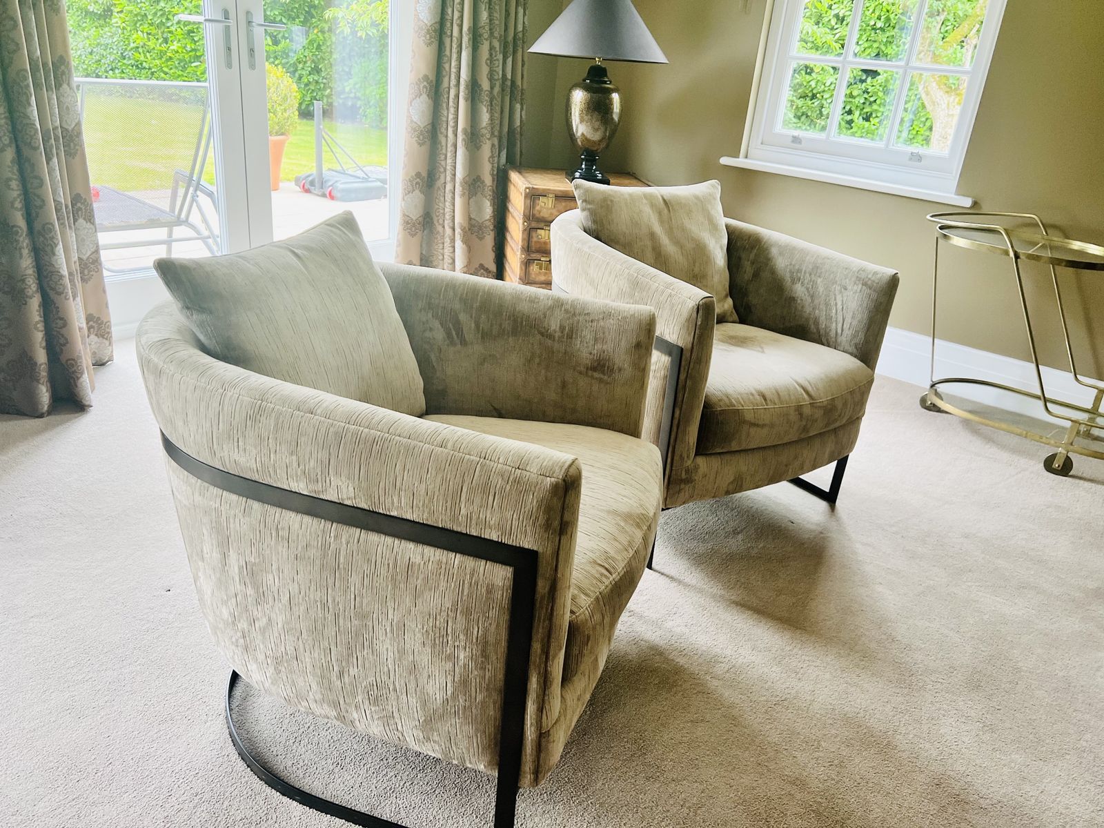 A Pair Of Harlow Metal Base Cushion Chairs, Immaculate Condition Rrp £1290 Each